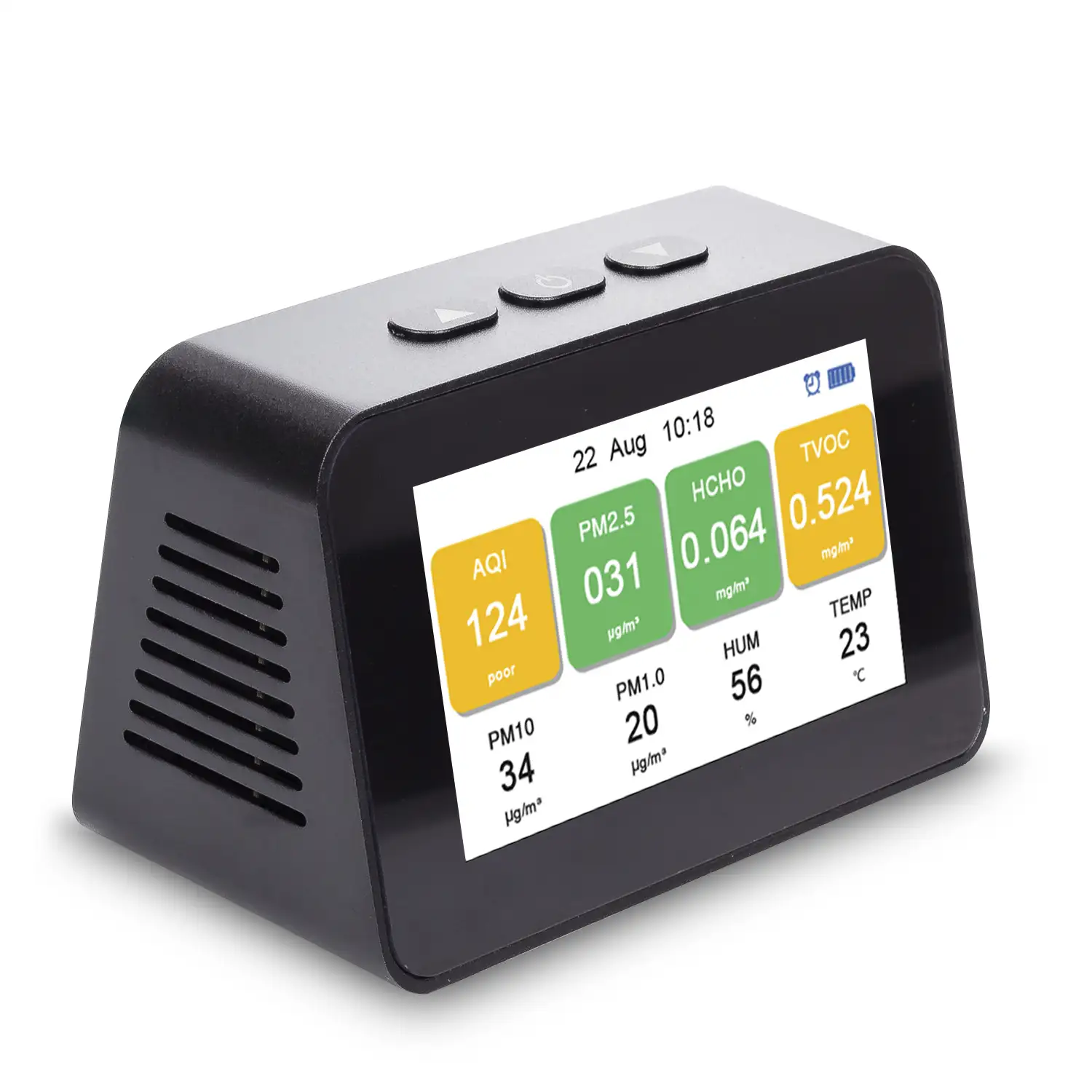 Medidor de calidad de aire interior con termómetro e higrómetro. Pantalla LCD a color.