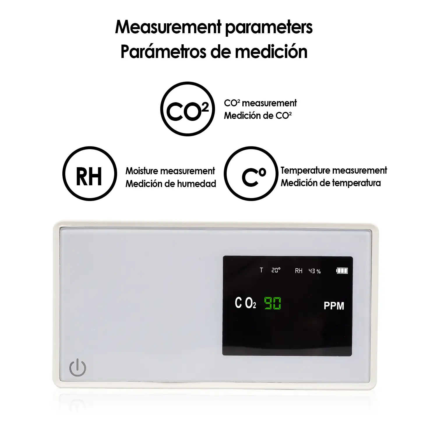 Detector portátil de calidad del aire con sensor de CO2, temperatura y humedad.