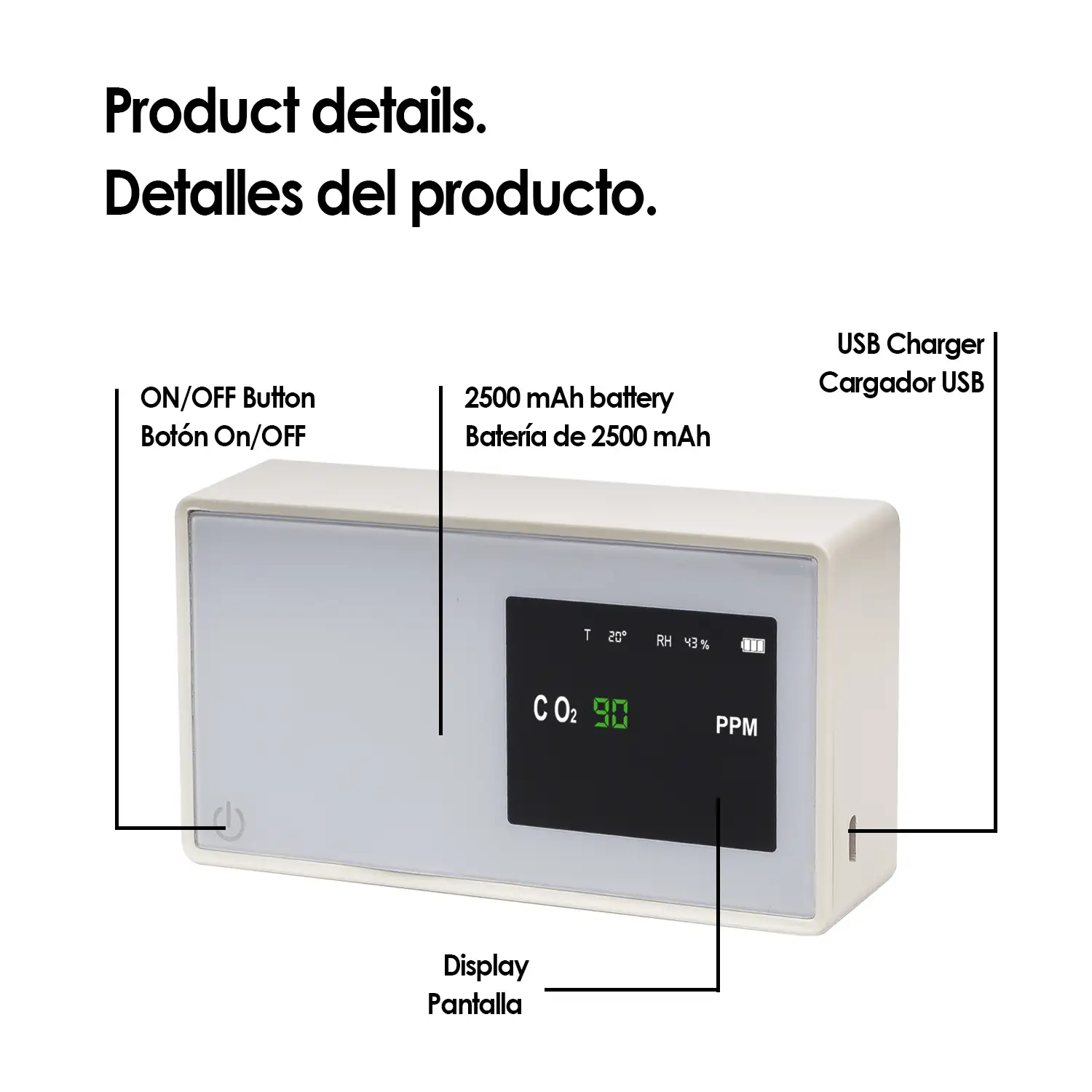 Detector portátil de calidad del aire con sensor de CO2, temperatura y humedad.