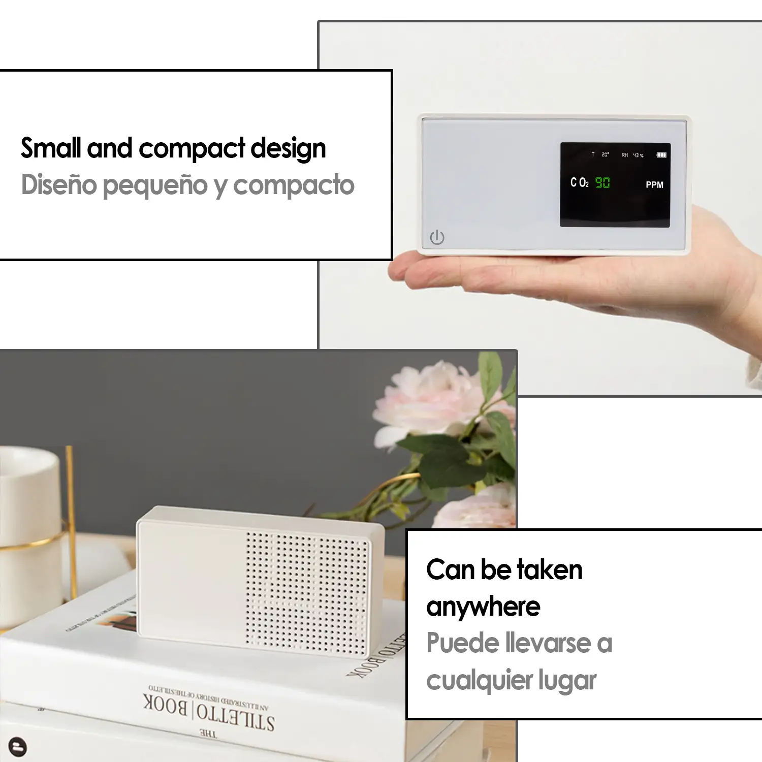 Detector portátil de calidad del aire con sensor de CO2, temperatura y humedad.