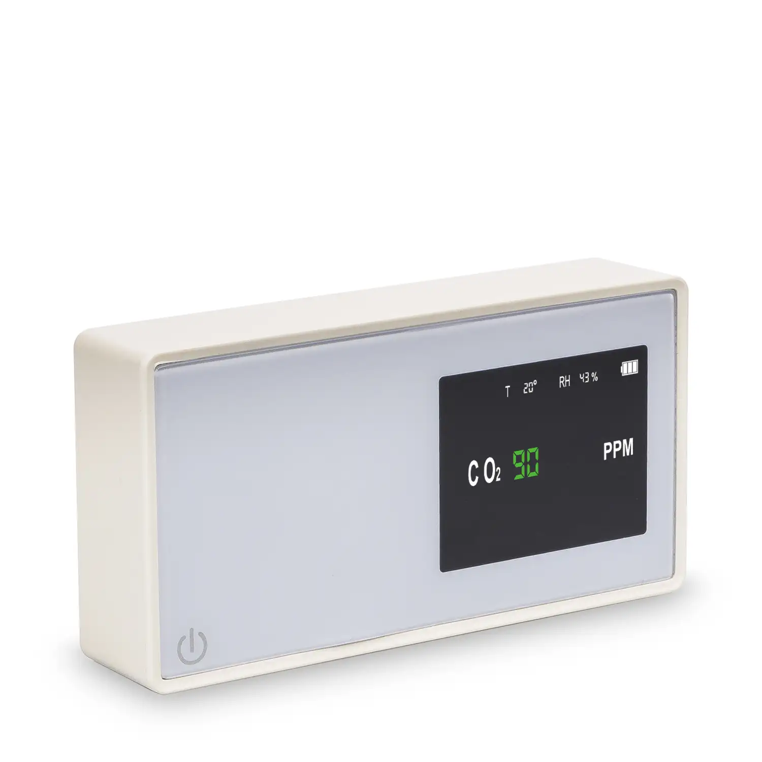 Detector portátil de calidad del aire con sensor de CO2, temperatura y humedad.