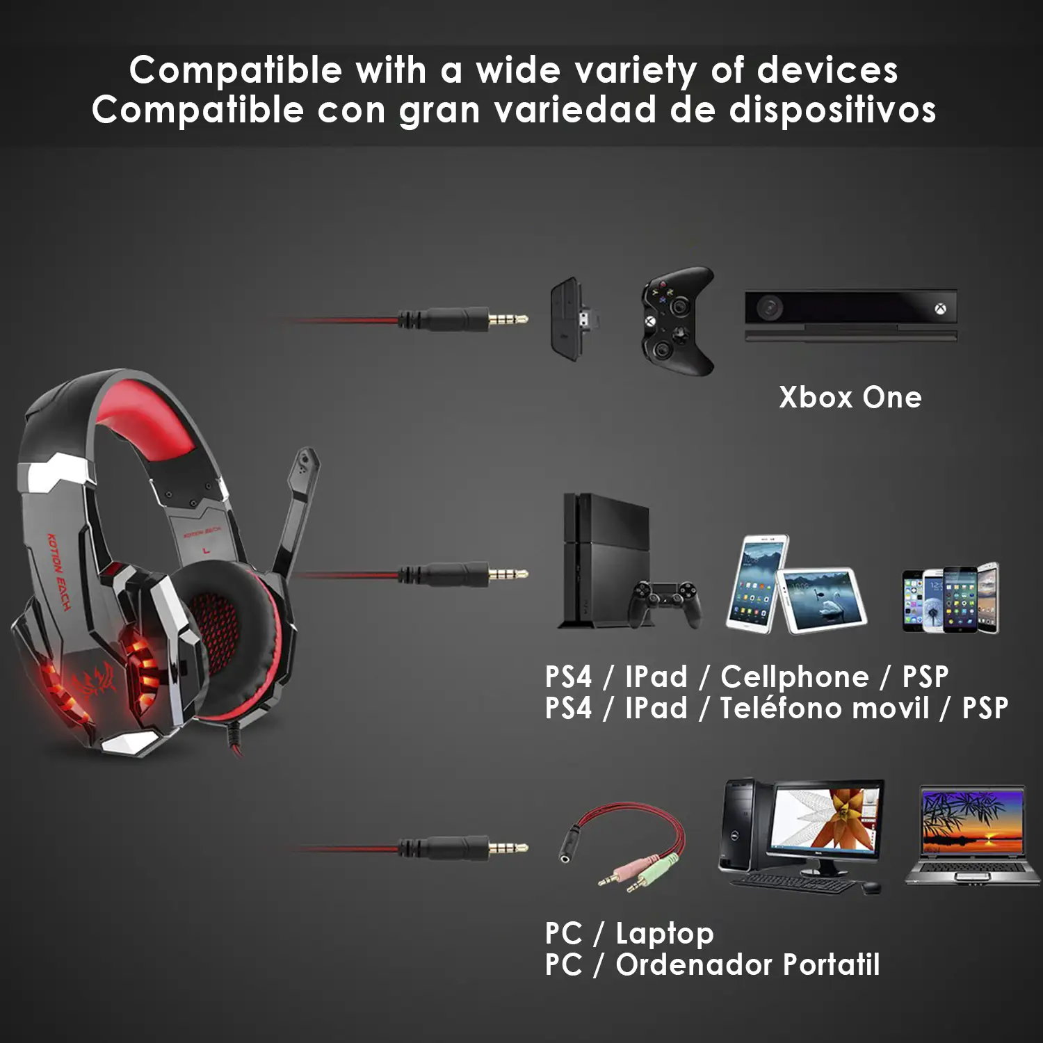 Headset Kotion Each G9000. Auriculares gaming con micro, conexión minijack y luces LED