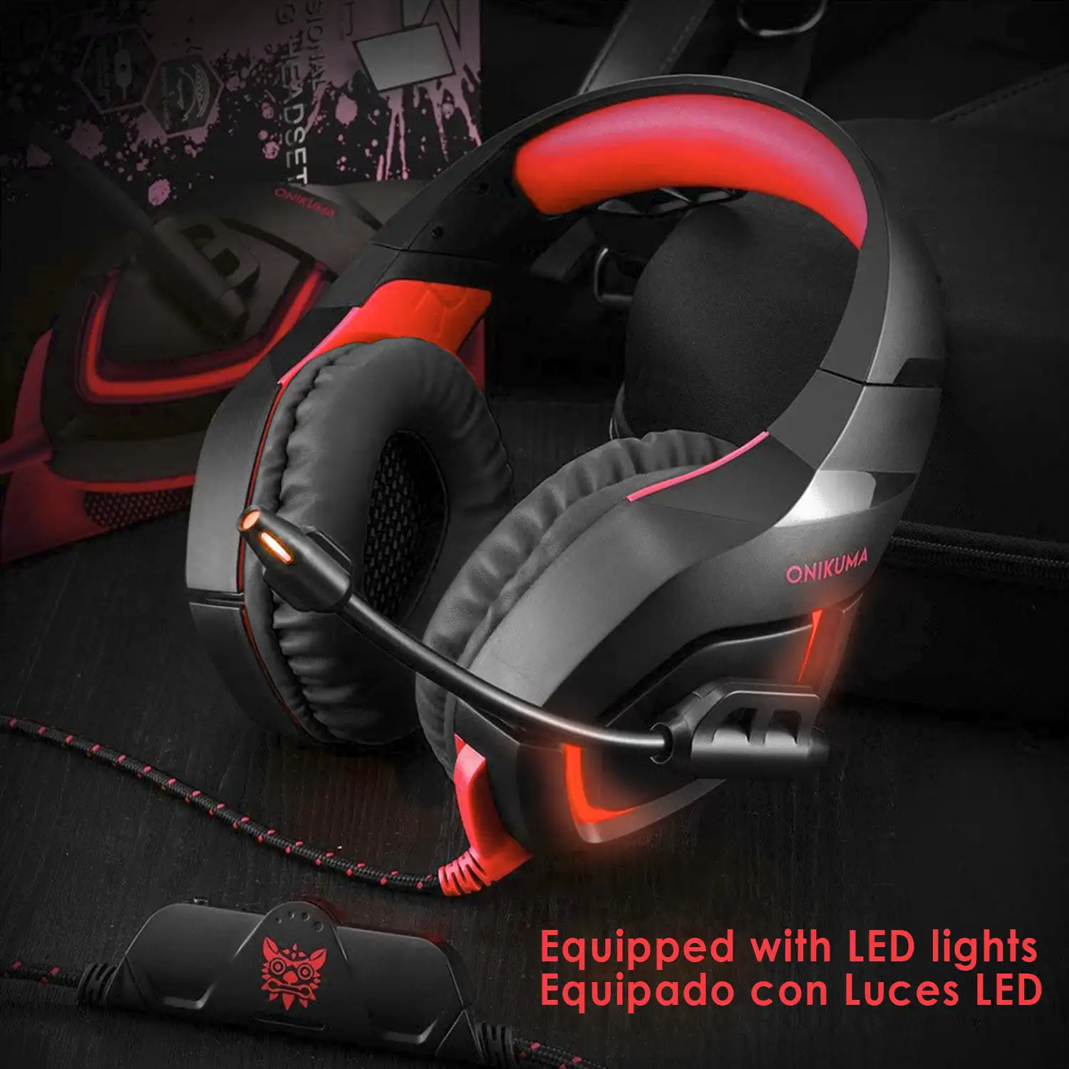 Headset Onikuma K1B. Auriculares gaming con micro, conexión minijack, luces LED para PC.