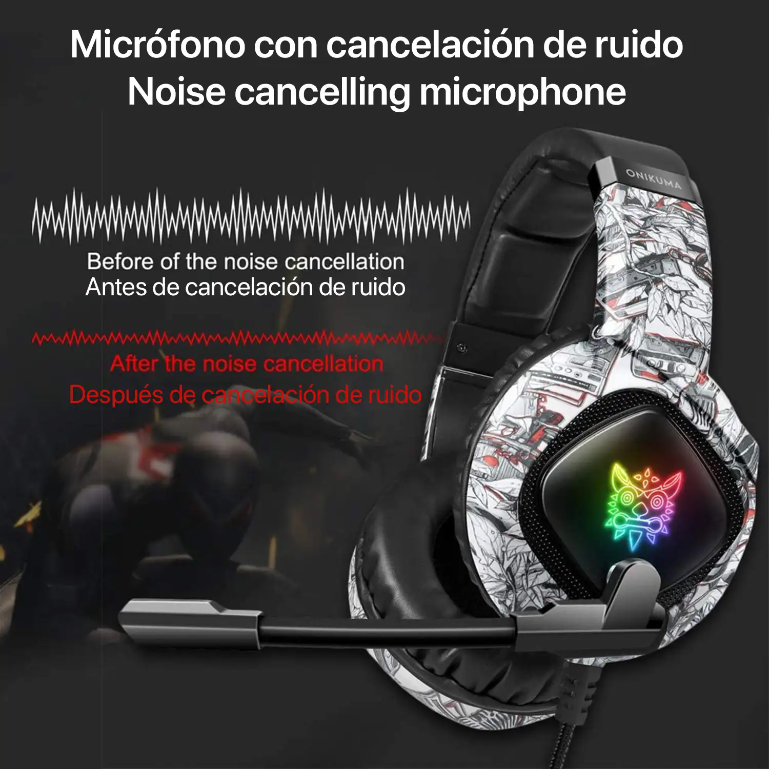 Headset Onikuma K19. Auriculares gaming con micro, conexión minijack, luces LED. PC, PS4, Xbox One, móvil, tablet.