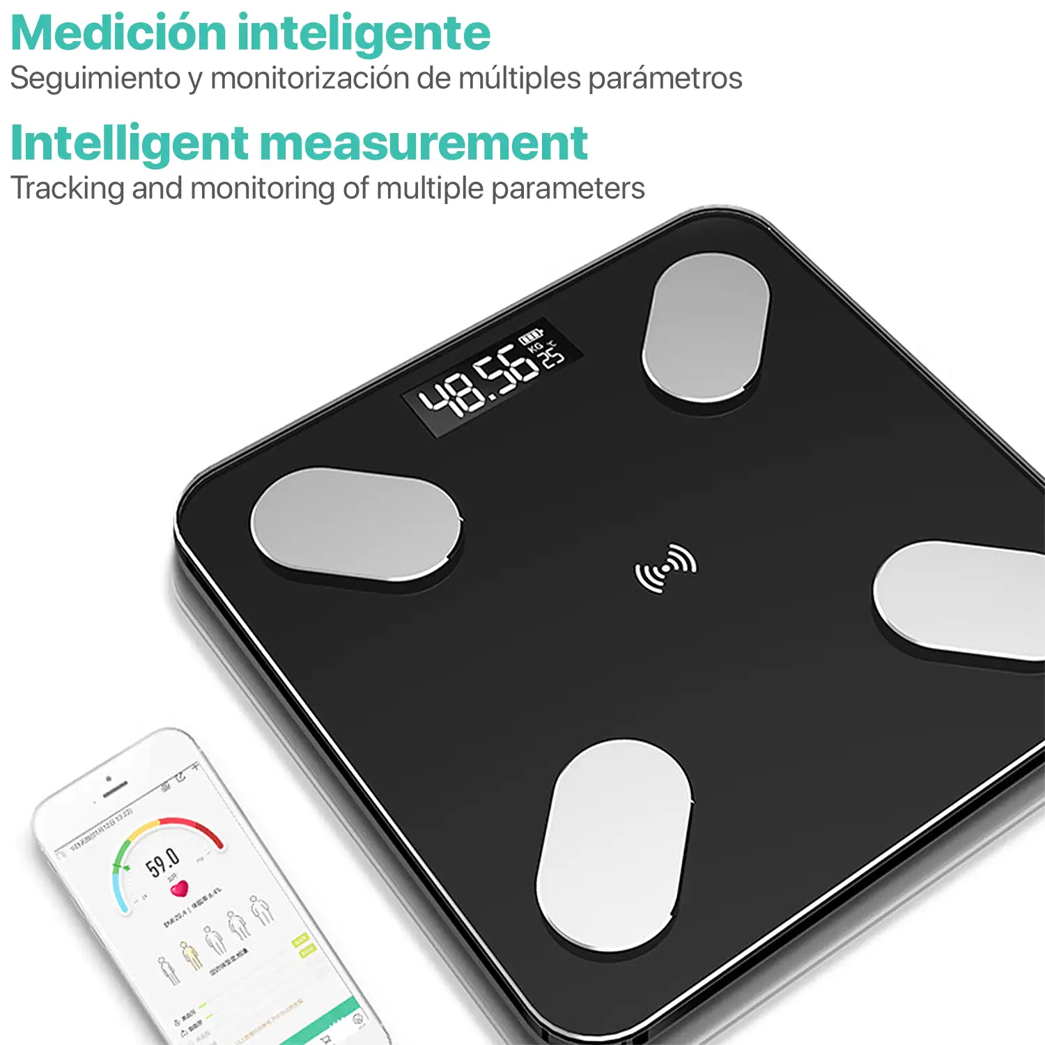 Báscula inteligente Bluetooth. App con análisis corporal. Multi usuario.