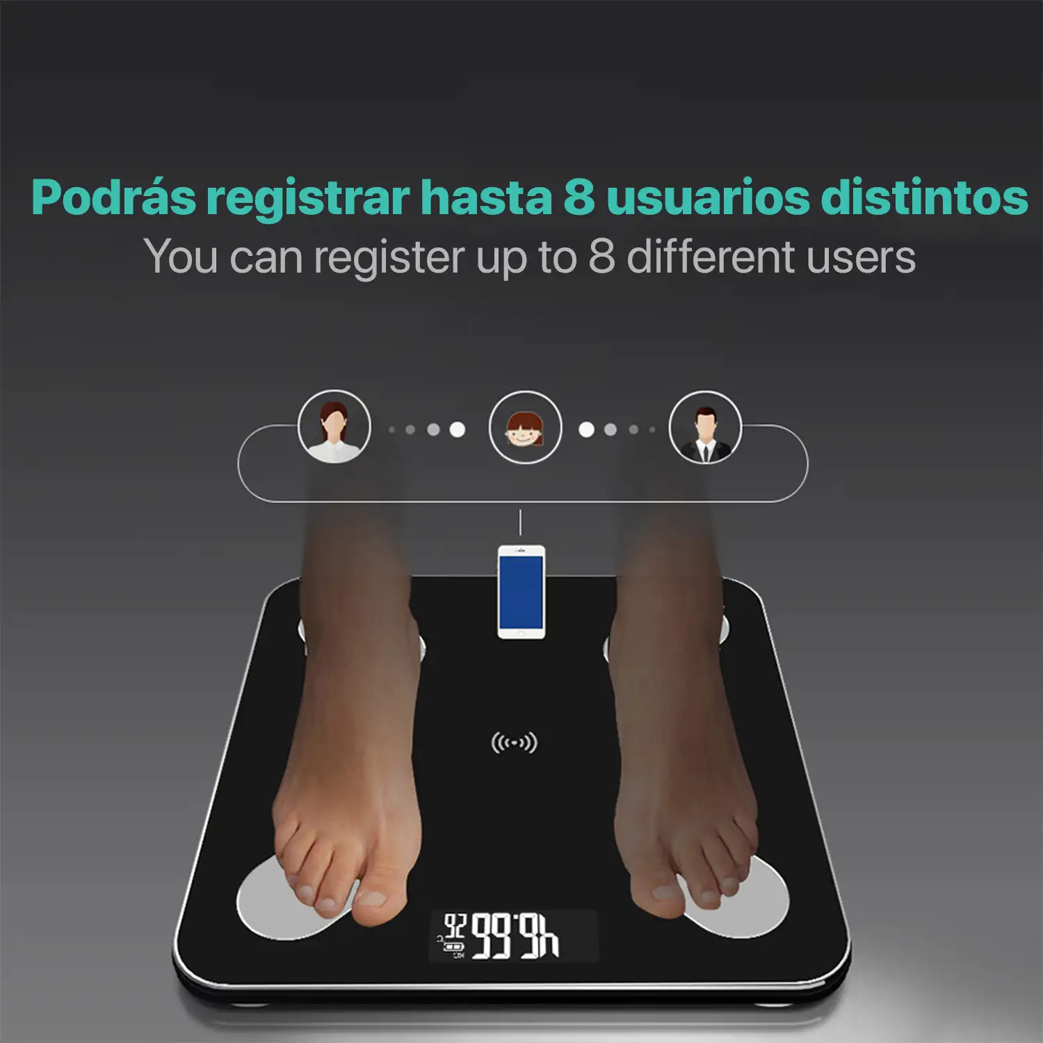 Báscula inteligente Bluetooth. App con análisis corporal. Multi usuario.