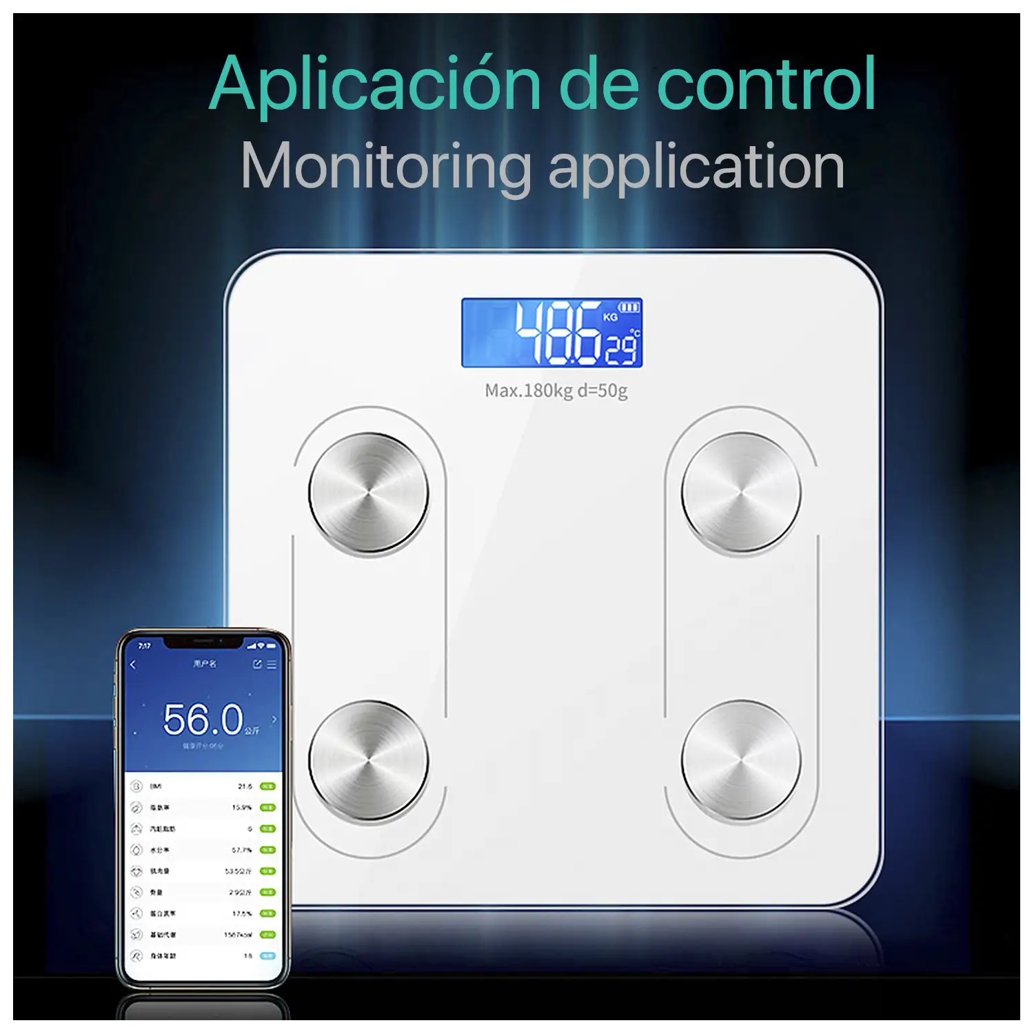 Báscula inteligente Bluetooth. App con análisis corporal