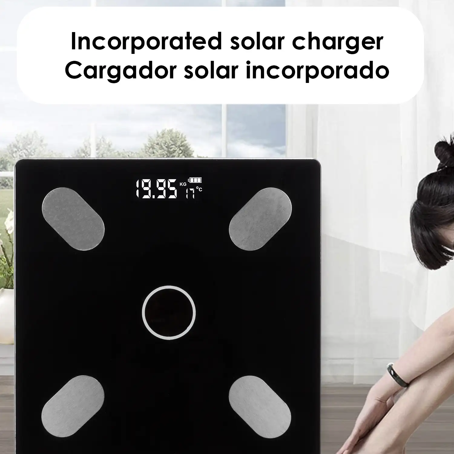 Báscula solar inteligente Bluetooth con termómetro. App de control y registro para iOS y Android.