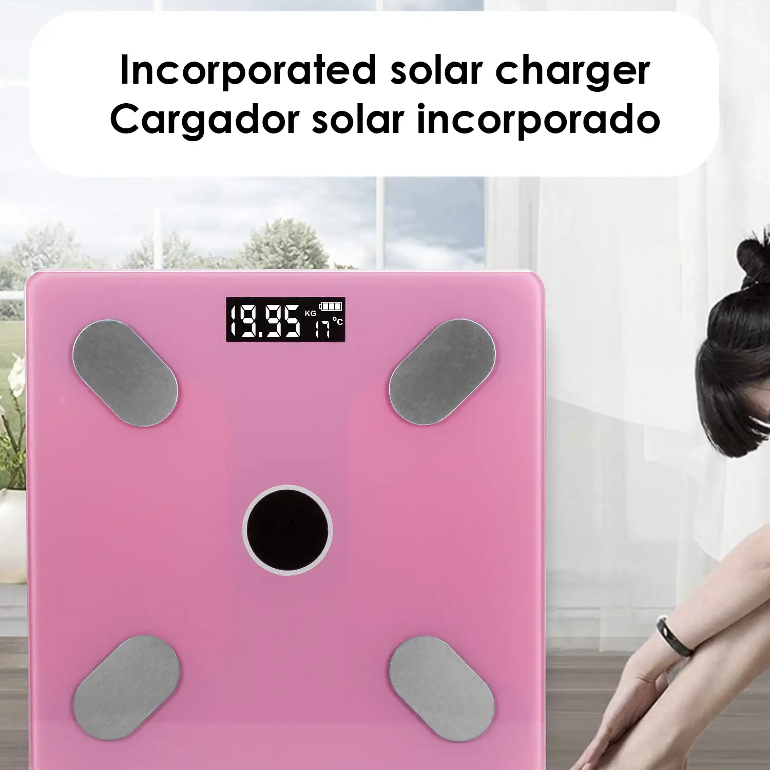 Báscula solar inteligente Bluetooth con termómetro. App de control y registro para iOS y Android.
