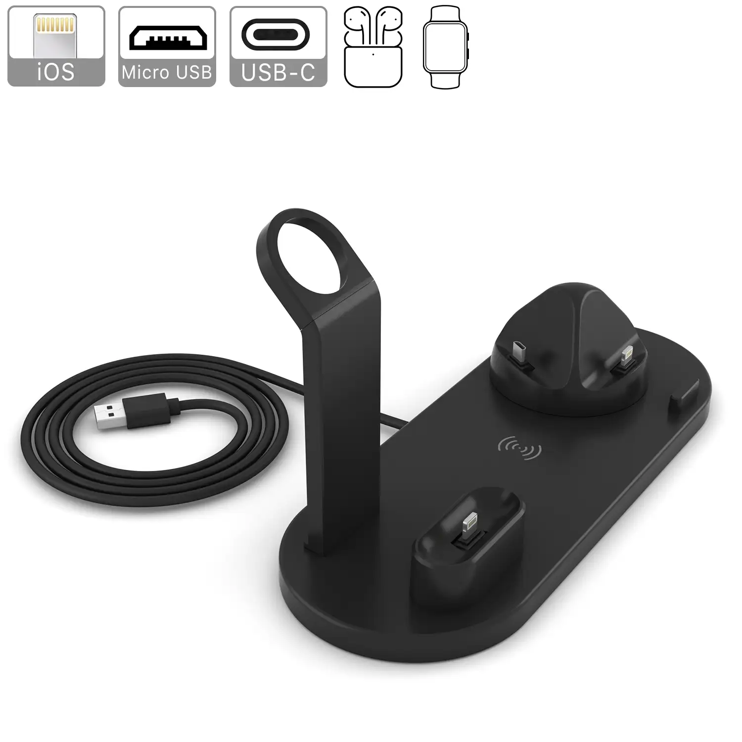 Base de carga 4 en 1 con carga inalámbrica QI, soporte giratorio con conexión lightning, micro USB y USB-C. Stand para Apple Watch y soporte con carga para Airpods.