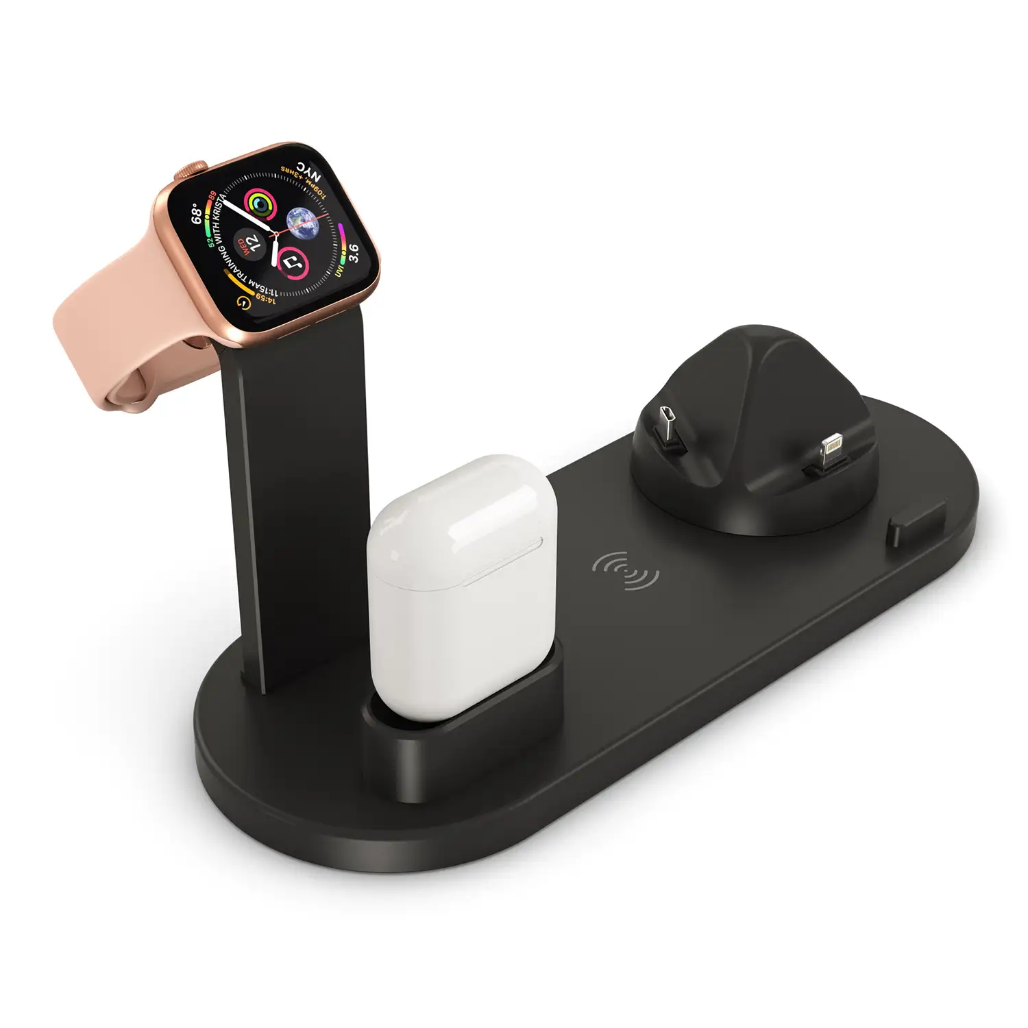 Base de carga 4 en 1 con carga inalámbrica QI, soporte giratorio con conexión lightning, micro USB y USB-C. Stand para Apple Watch y soporte con carga para Airpods.