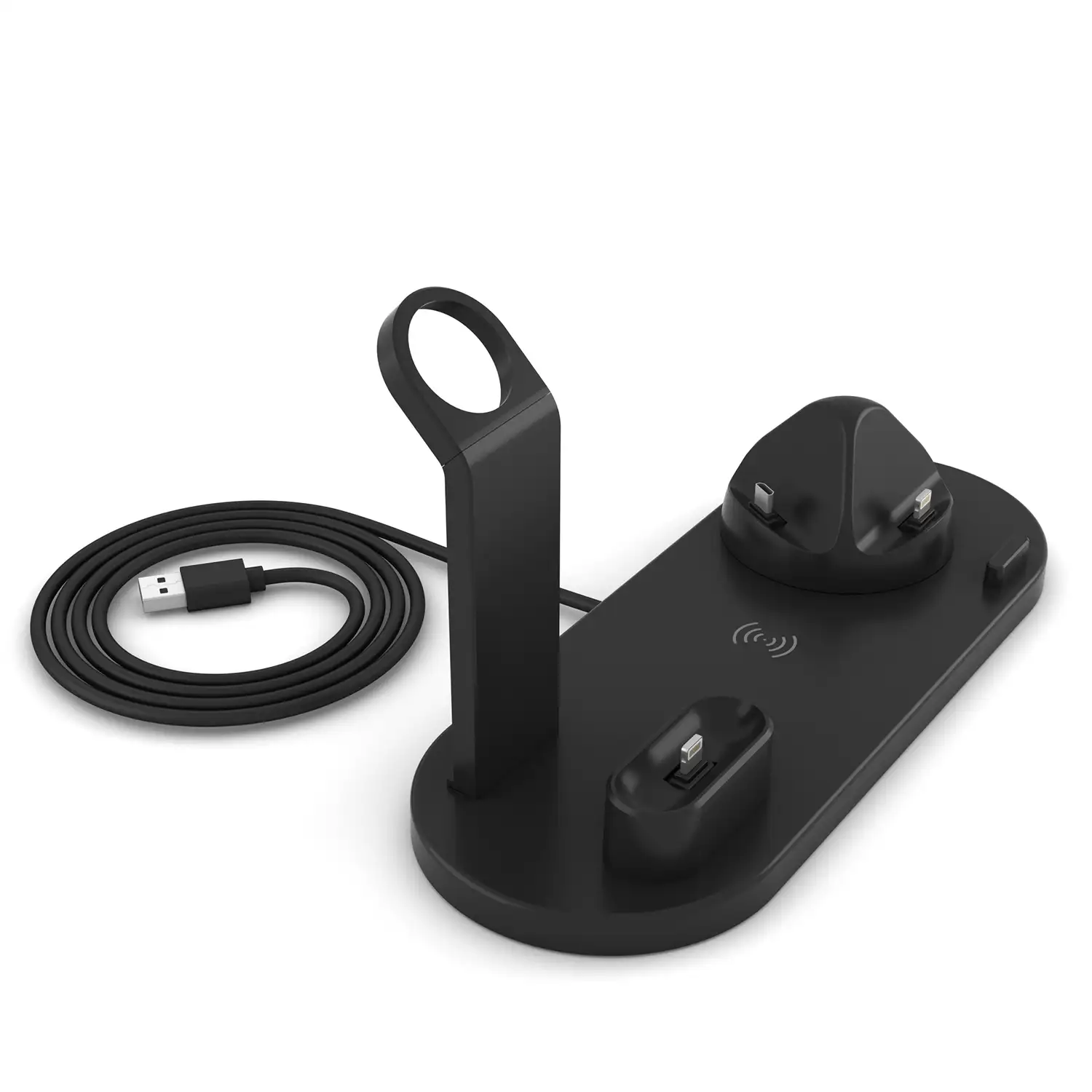 Base de carga 4 en 1 con carga inalámbrica QI, soporte giratorio con conexión lightning, micro USB y USB-C. Stand para Apple Watch y soporte con carga para Airpods.