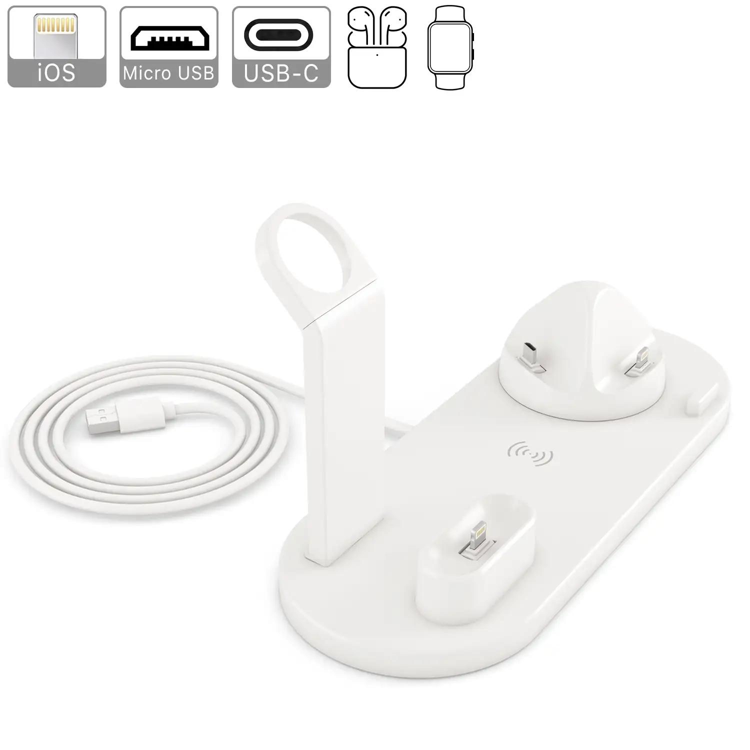 Base de carga 4 en 1 con carga inalámbrica QI, soporte giratorio con conexión lightning, micro USB y USB-C. Stand para Apple Watch y soporte con carga para Airpods.