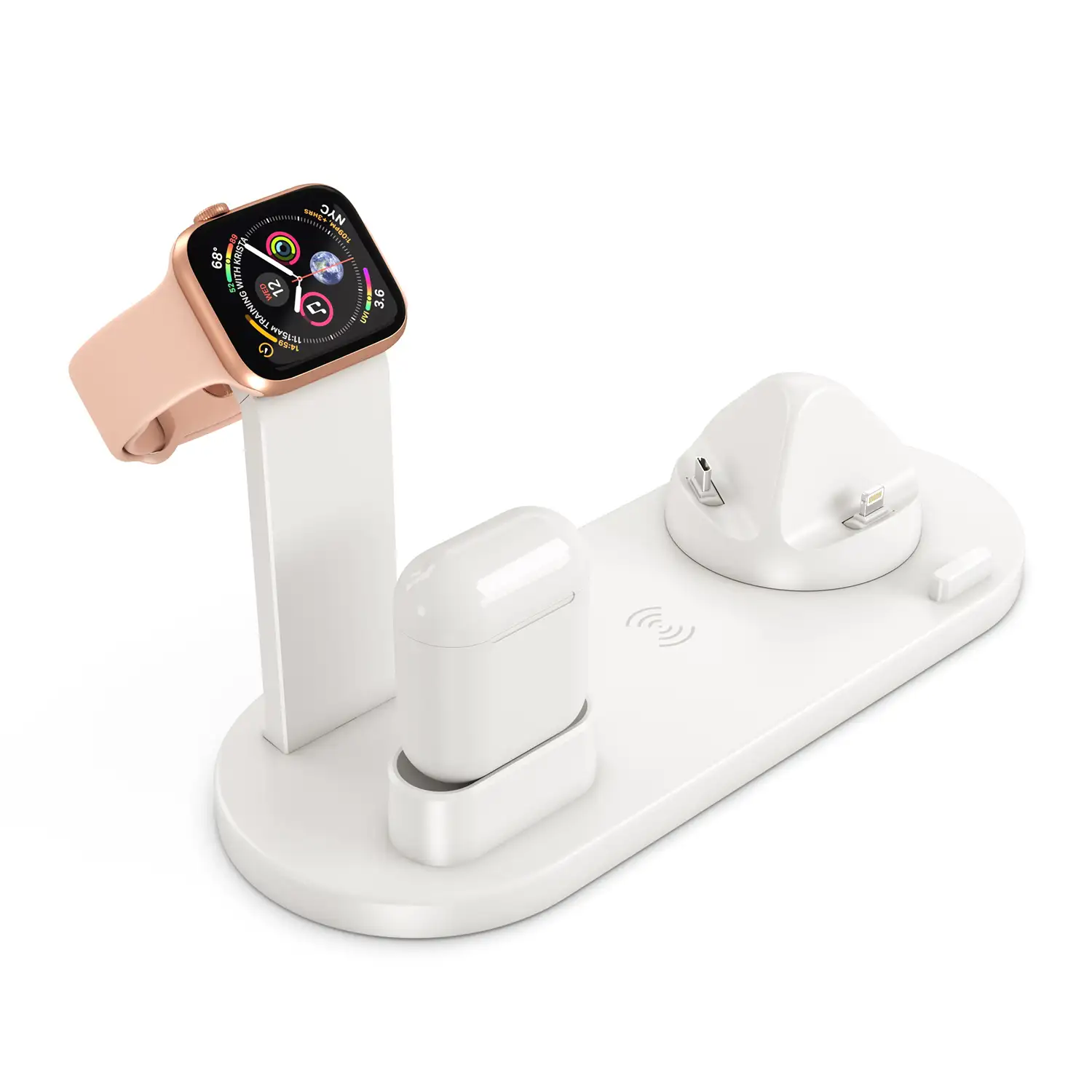 Base de carga 4 en 1 con carga inalámbrica QI, soporte giratorio con conexión lightning, micro USB y USB-C. Stand para Apple Watch y soporte con carga para Airpods.