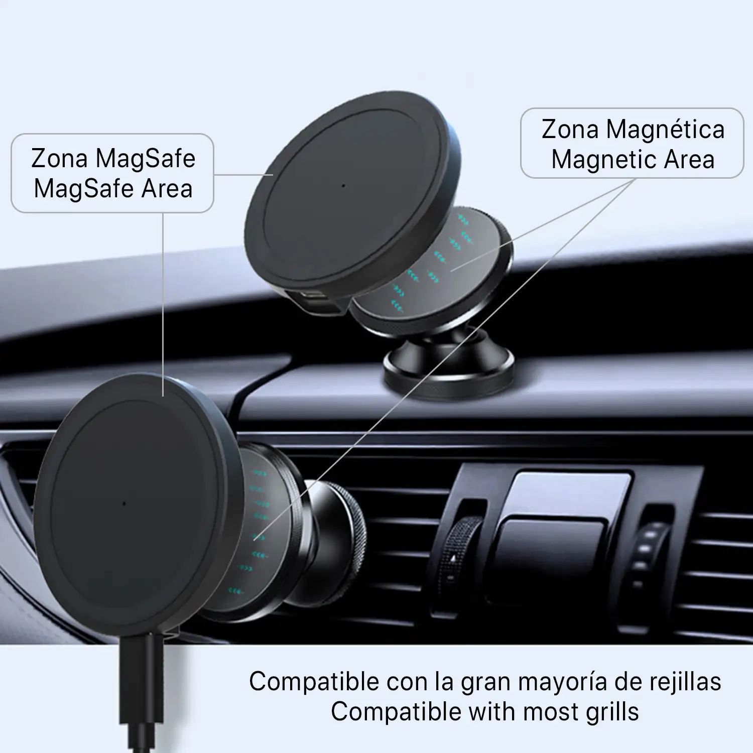 Soporte magnético, compatible con Magsafe iPhone12/13, con cargador carga rápida inalámbrico Qi para coche. Función de cargador de mesa Qi universal.