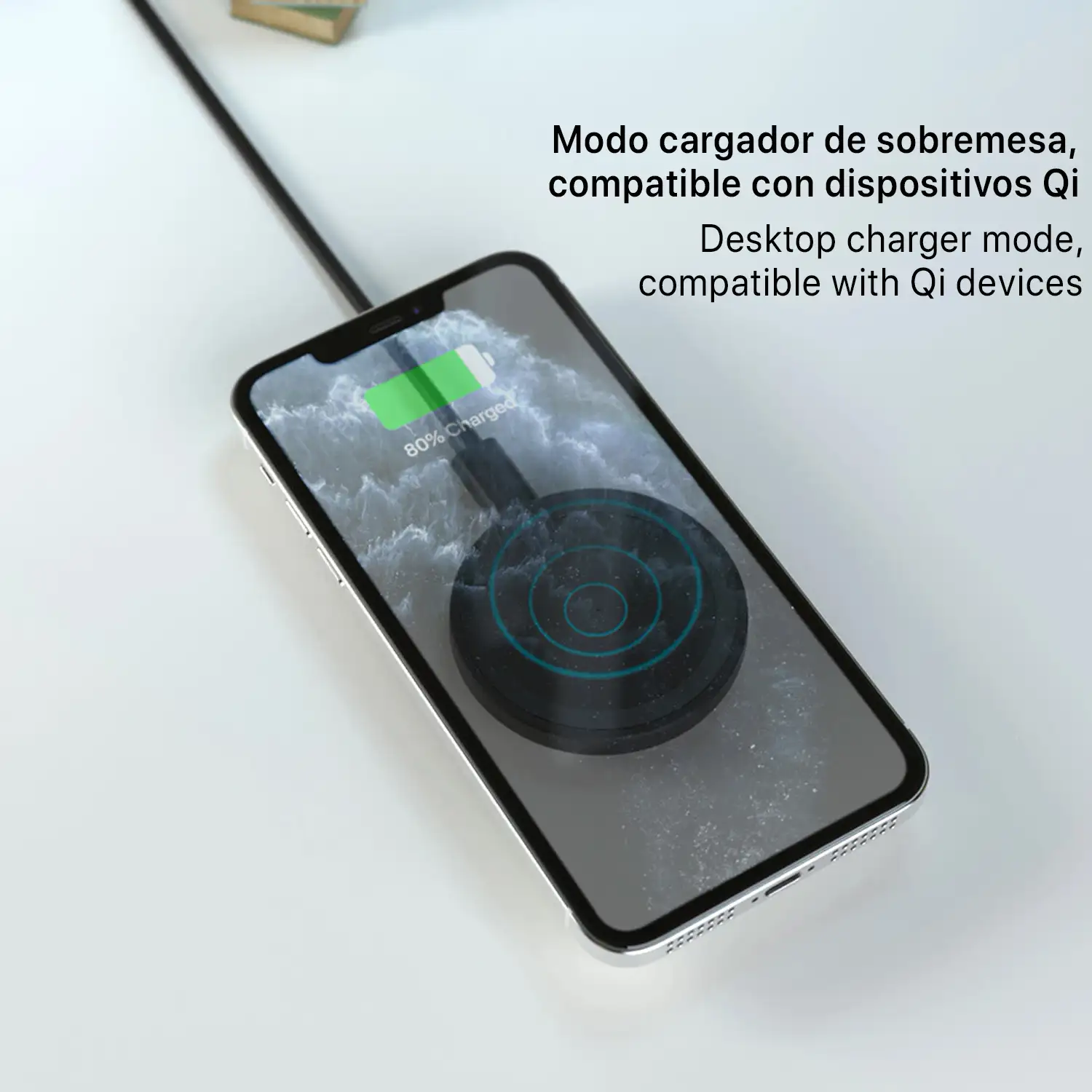 Soporte magnético, compatible con Magsafe iPhone12/13, con cargador carga rápida inalámbrico Qi para coche. Función de cargador de mesa Qi universal.
