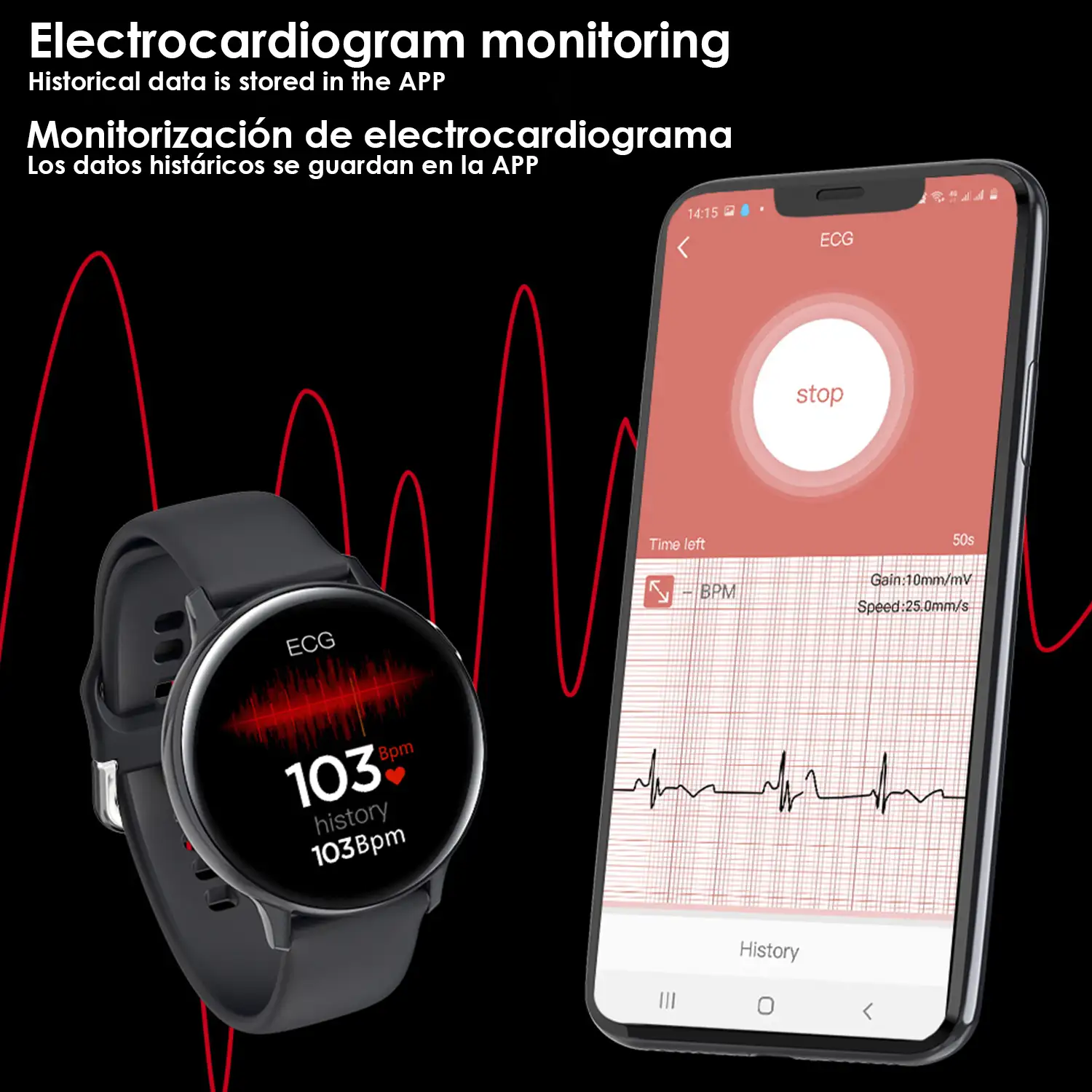 Smartwatch S20 pantalla circular, con monitor cardiaco ECG, tensión, O2 en sangre y modo multideporte