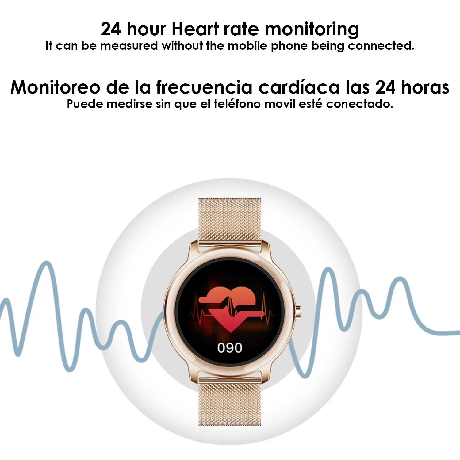 Smartwatch R18 con monitor cardiaco dinámico, tensión, oxígeno en sangre y notificaciones.