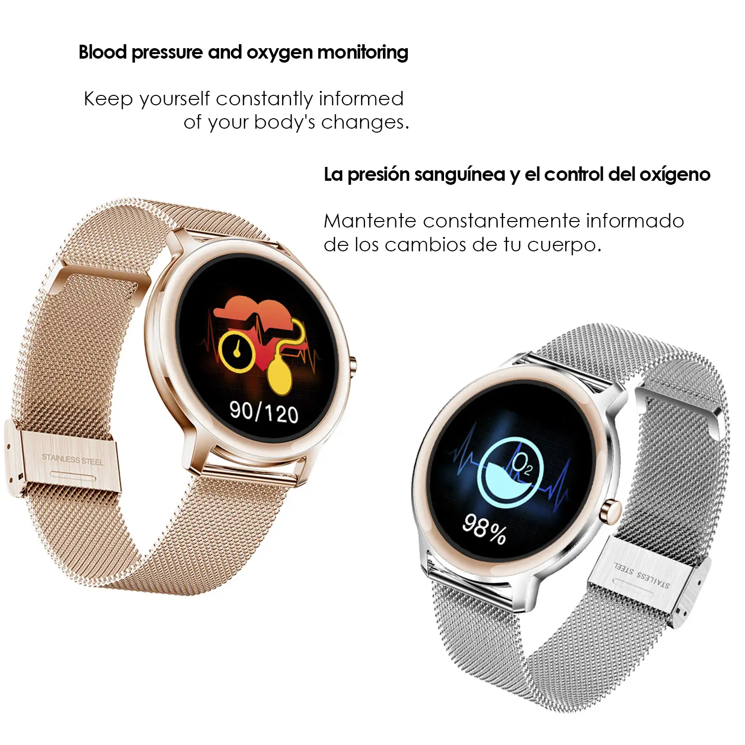 Smartwatch R18 con monitor cardiaco dinámico, tensión, oxígeno en sangre y notificaciones.