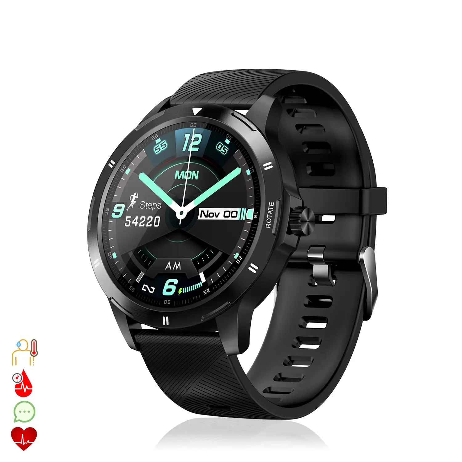 Smartwatch K15 con temperatura corporal, modo multideporte, monitor cardiaco y tensión.