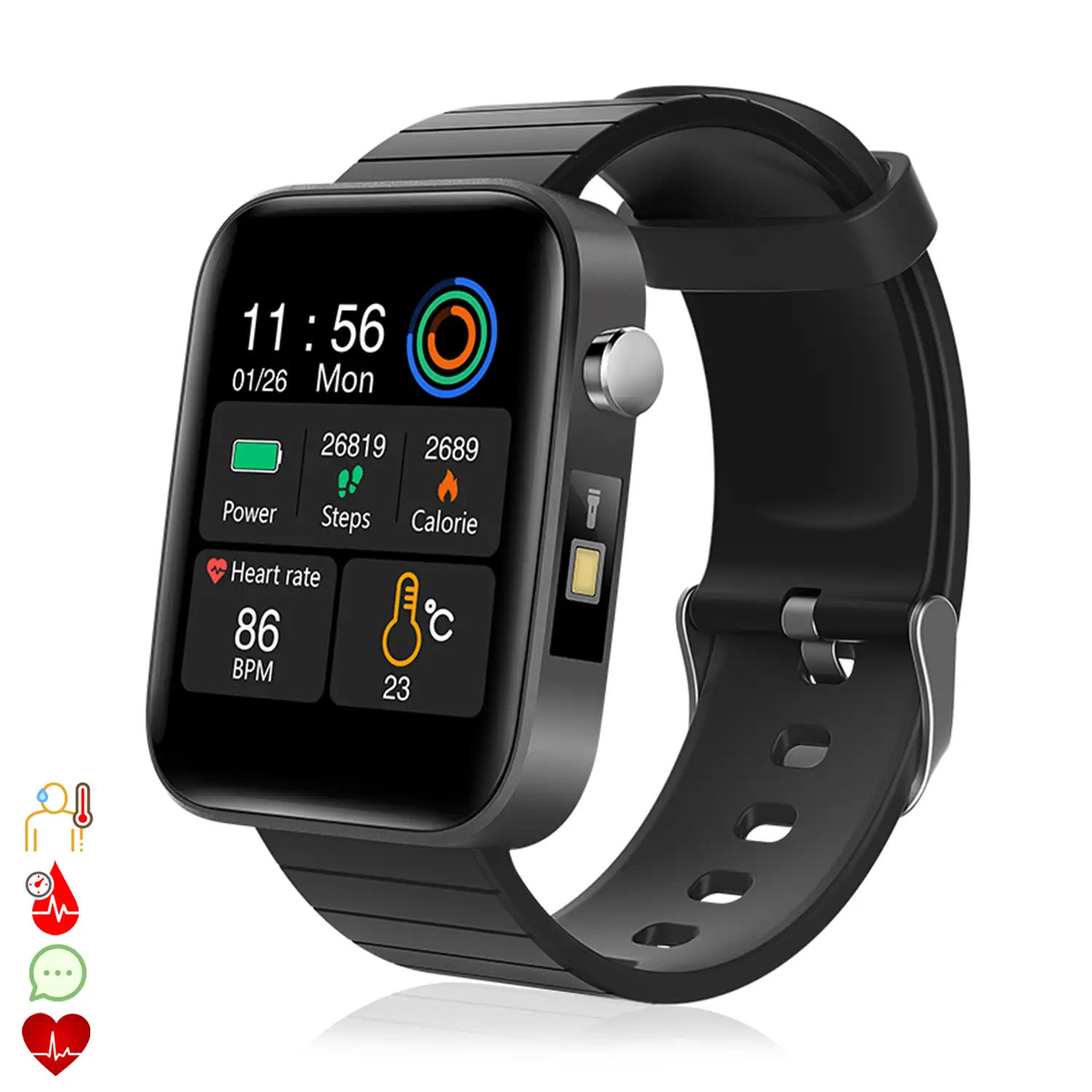 Smartwatch T68 con alarma de temperatura corporal, linterna, modo multideporte, monitor cardiaco y tensión.