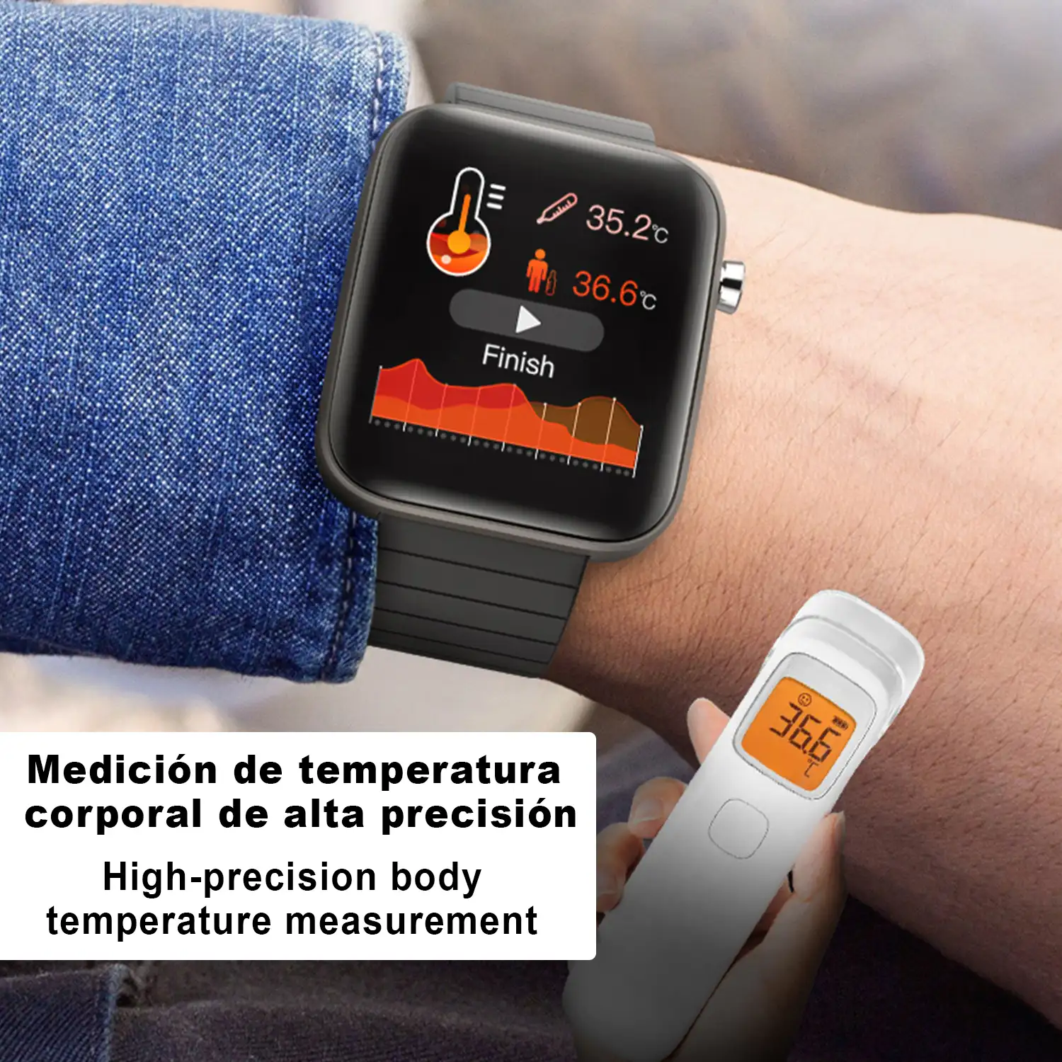 Smartwatch T68 con alarma de temperatura corporal, linterna, modo multideporte, monitor cardiaco y tensión.