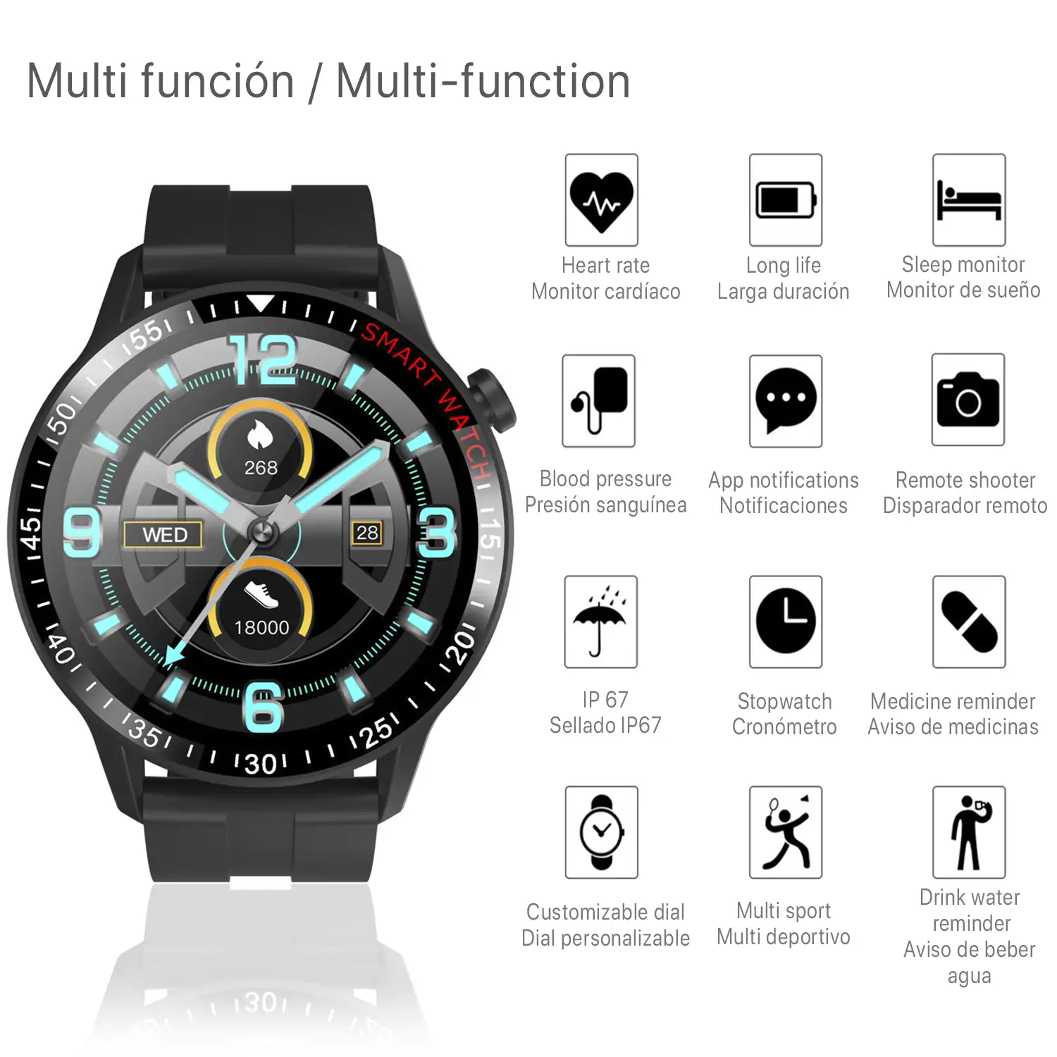 Smartwatch B30 con modo multideporte, monitor cardiaco y tensión, notificaciones.