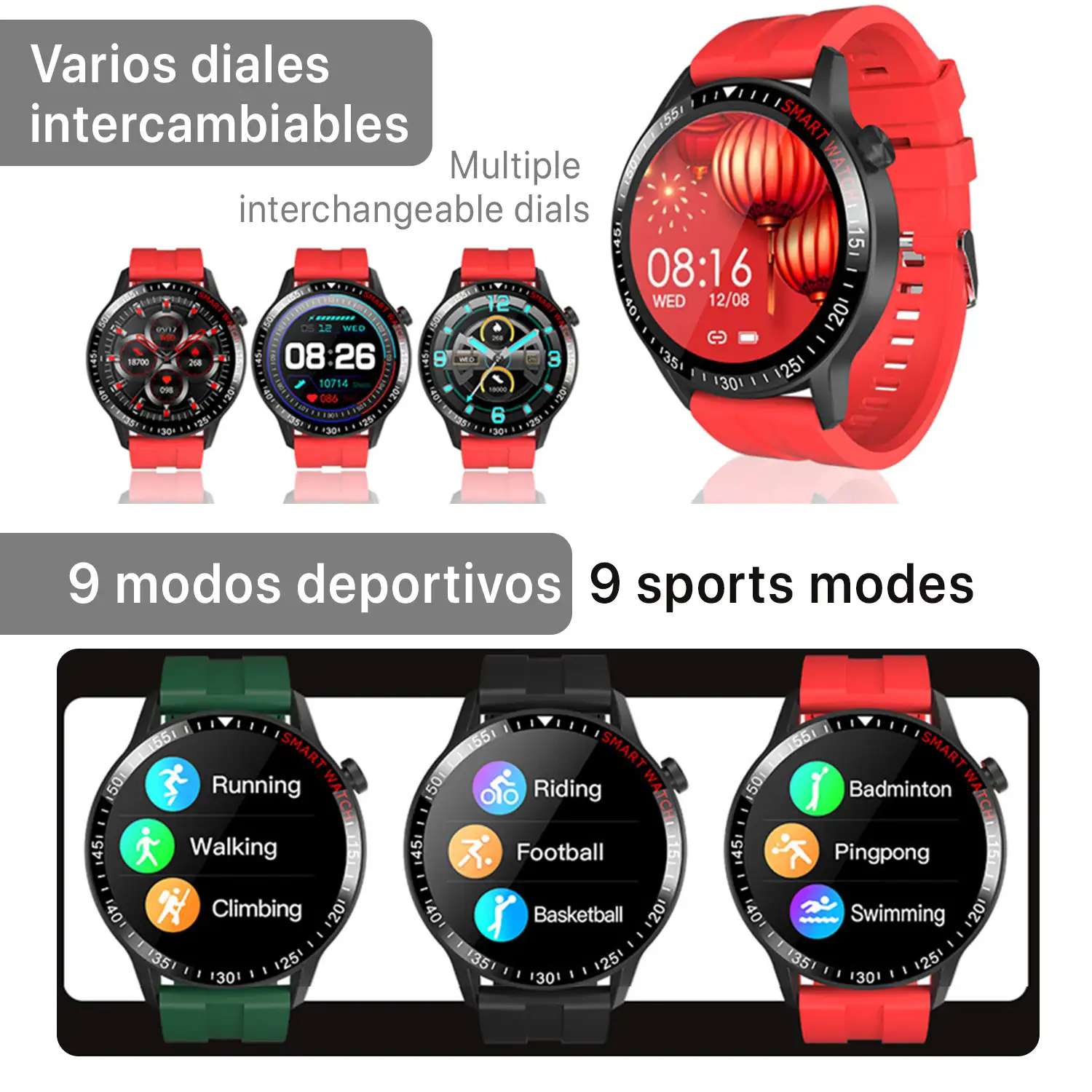 Smartwatch B30 con modo multideporte, monitor cardiaco y tensión, notificaciones.
