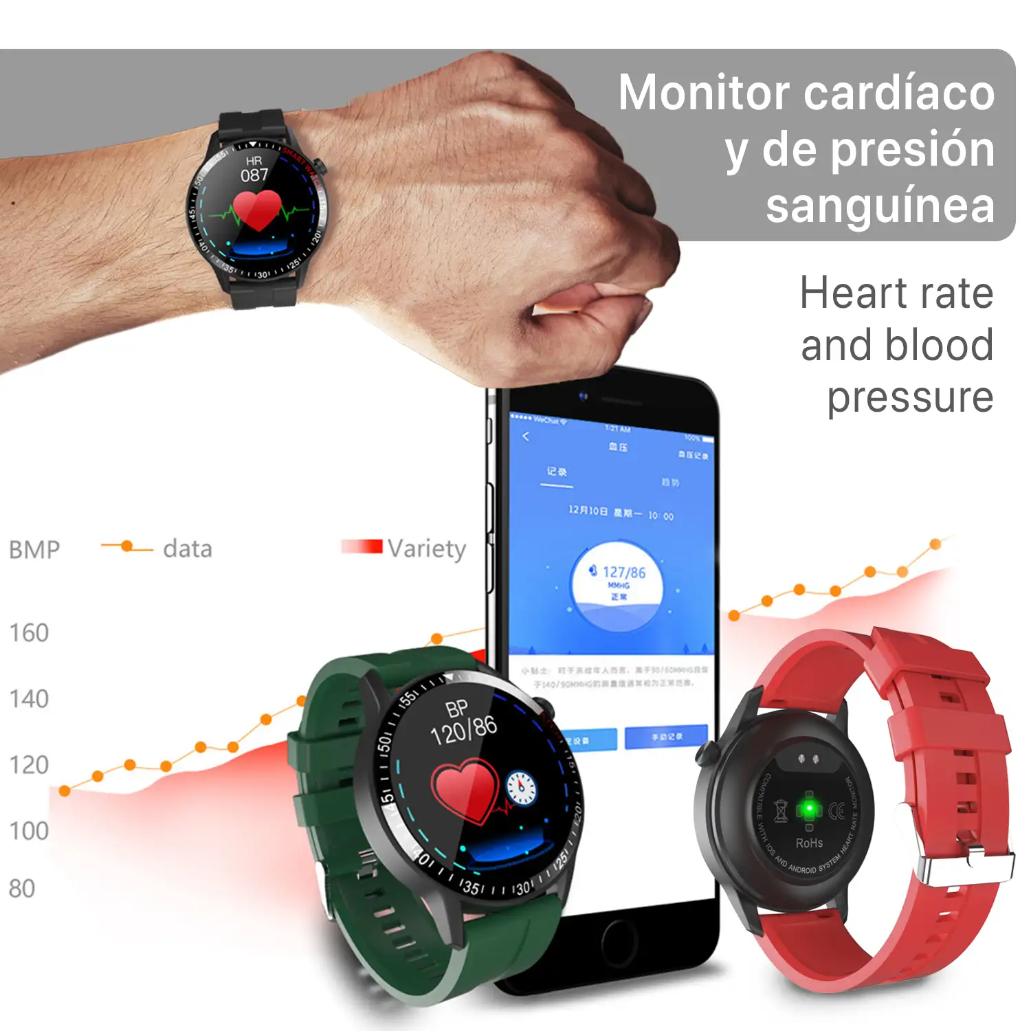 Smartwatch B30 con modo multideporte, monitor cardiaco y tensión, notificaciones.