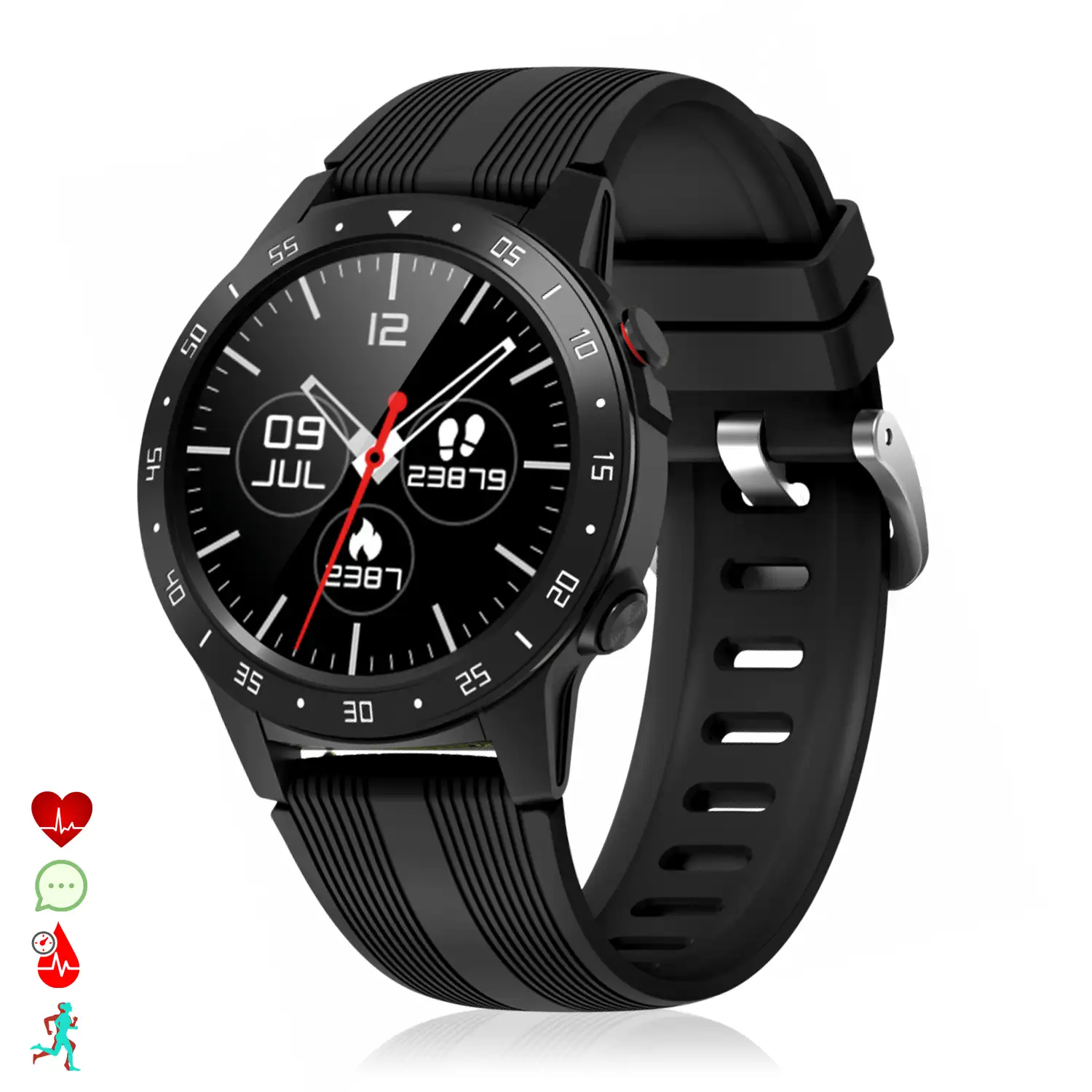 Smartwatch M5S con GPS, presión atmosférica, monitor cardíaco y funciones avanzadas.