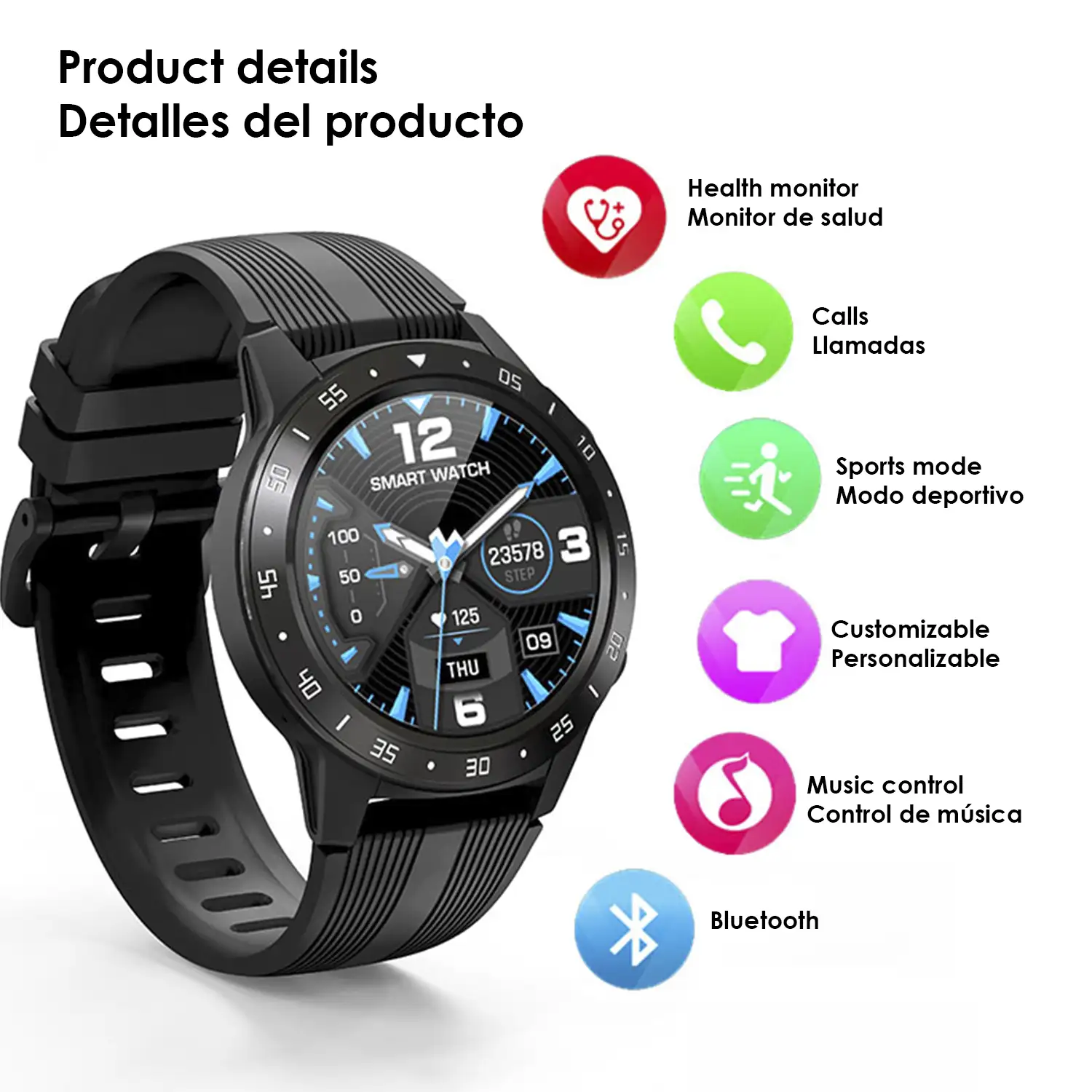 Smartwatch M5S con GPS, presión atmosférica, monitor cardíaco y funciones avanzadas.