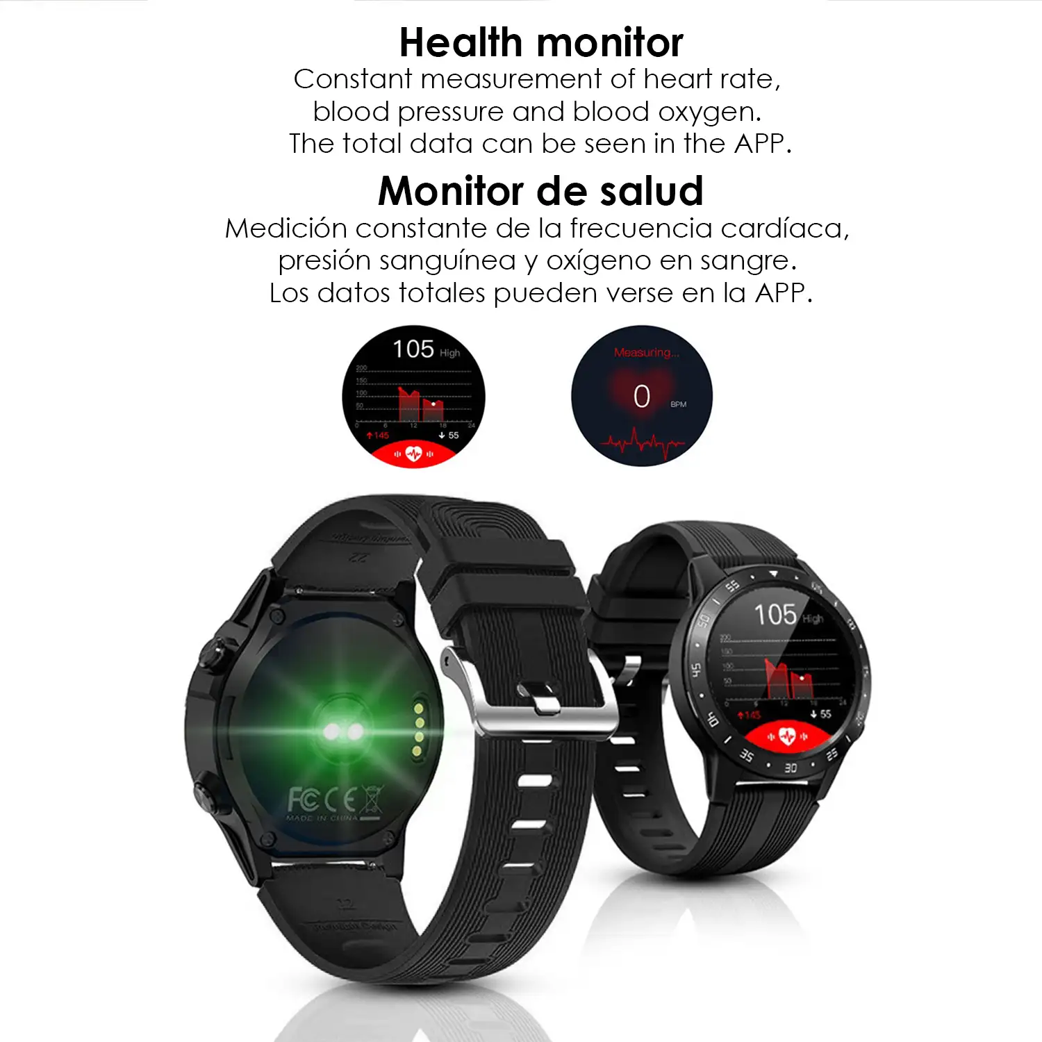 Smartwatch M5S con GPS, presión atmosférica, monitor cardíaco y funciones avanzadas.