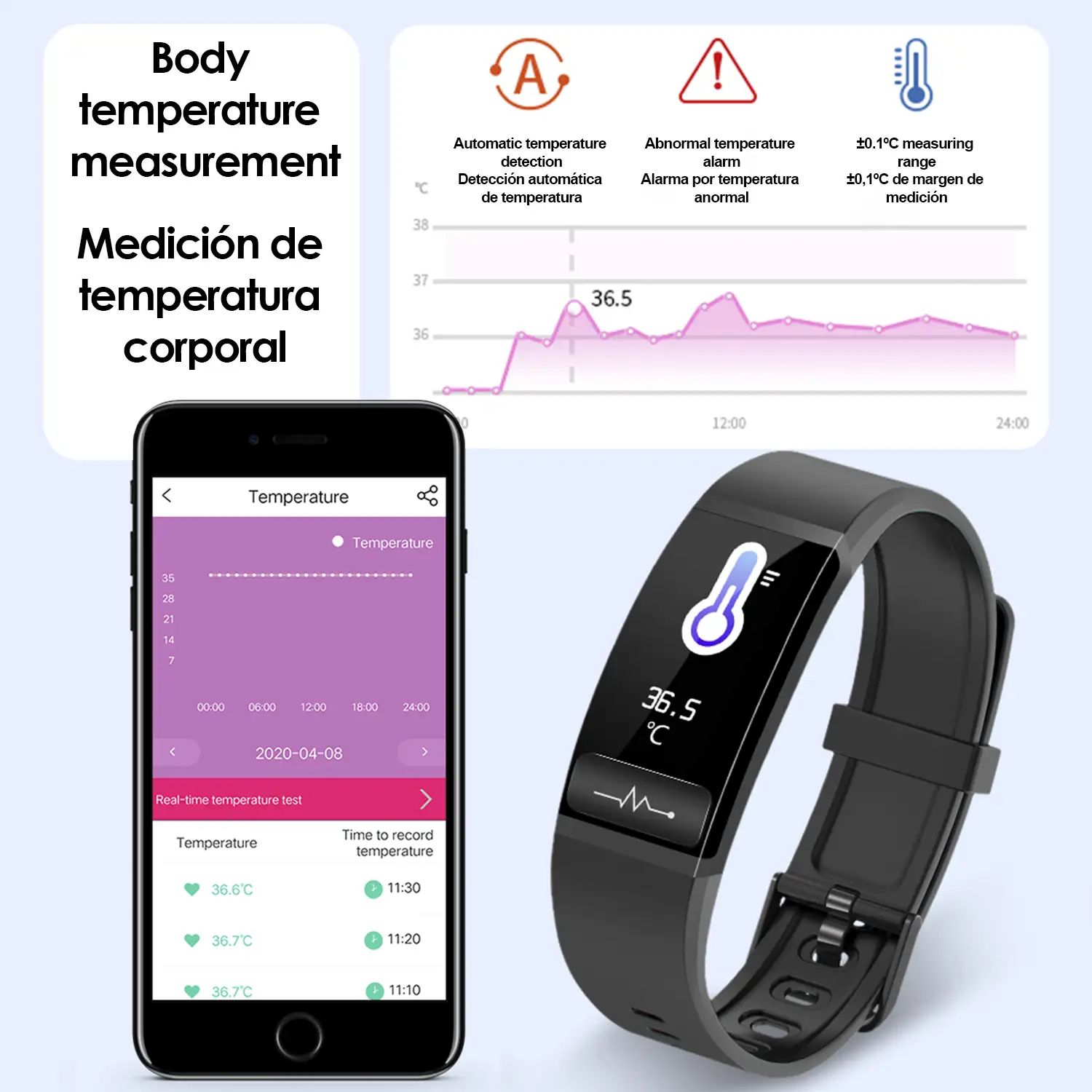 Brazalete inteligente M8 con temperatura corporal, tensión, oxígeno en sangre y modo multideporte