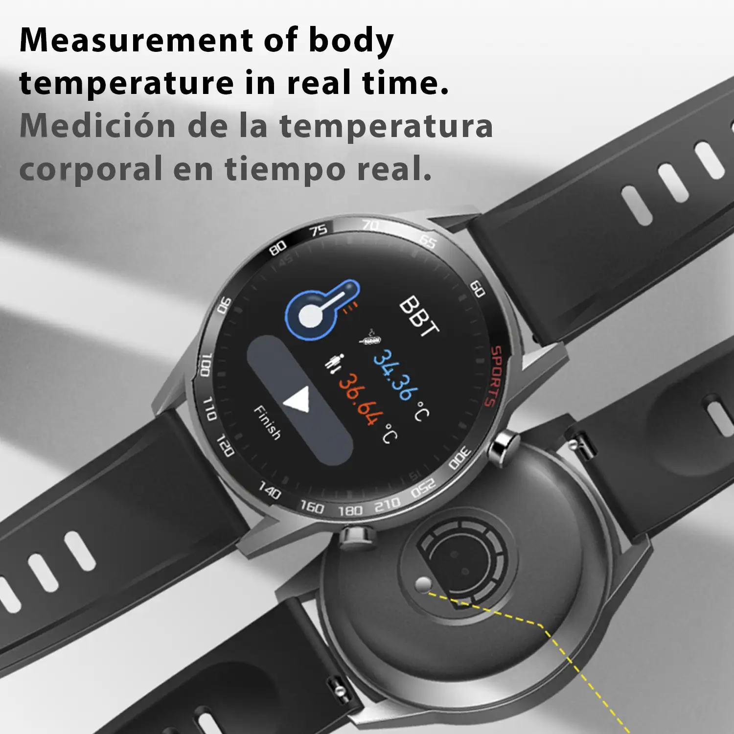 Smartwatch T23 con temperatura corporal, tensión, oxígeno en sangre y modo multideportivo.