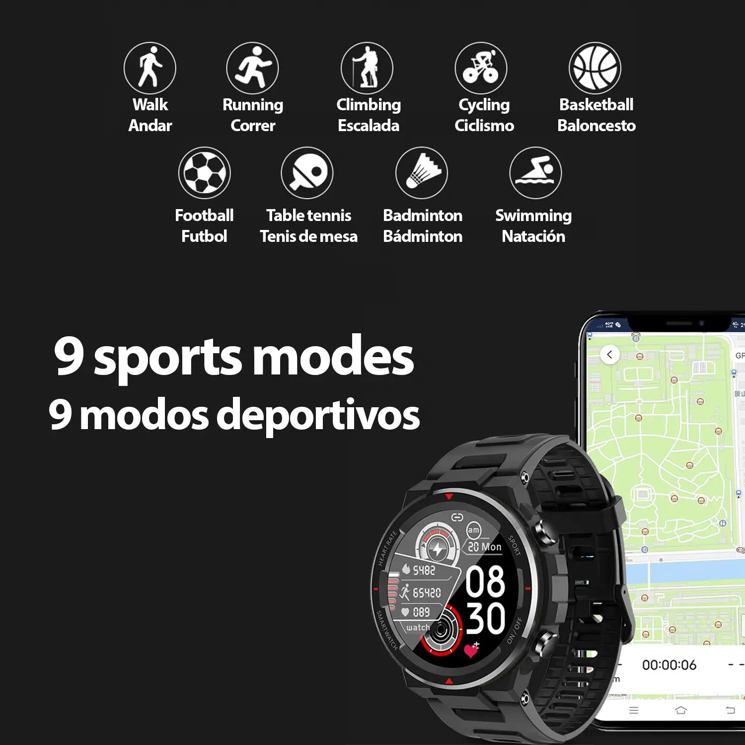Smartwatch Q70 con monitor cardíaco, tensión y 9 modos multideportivos.
