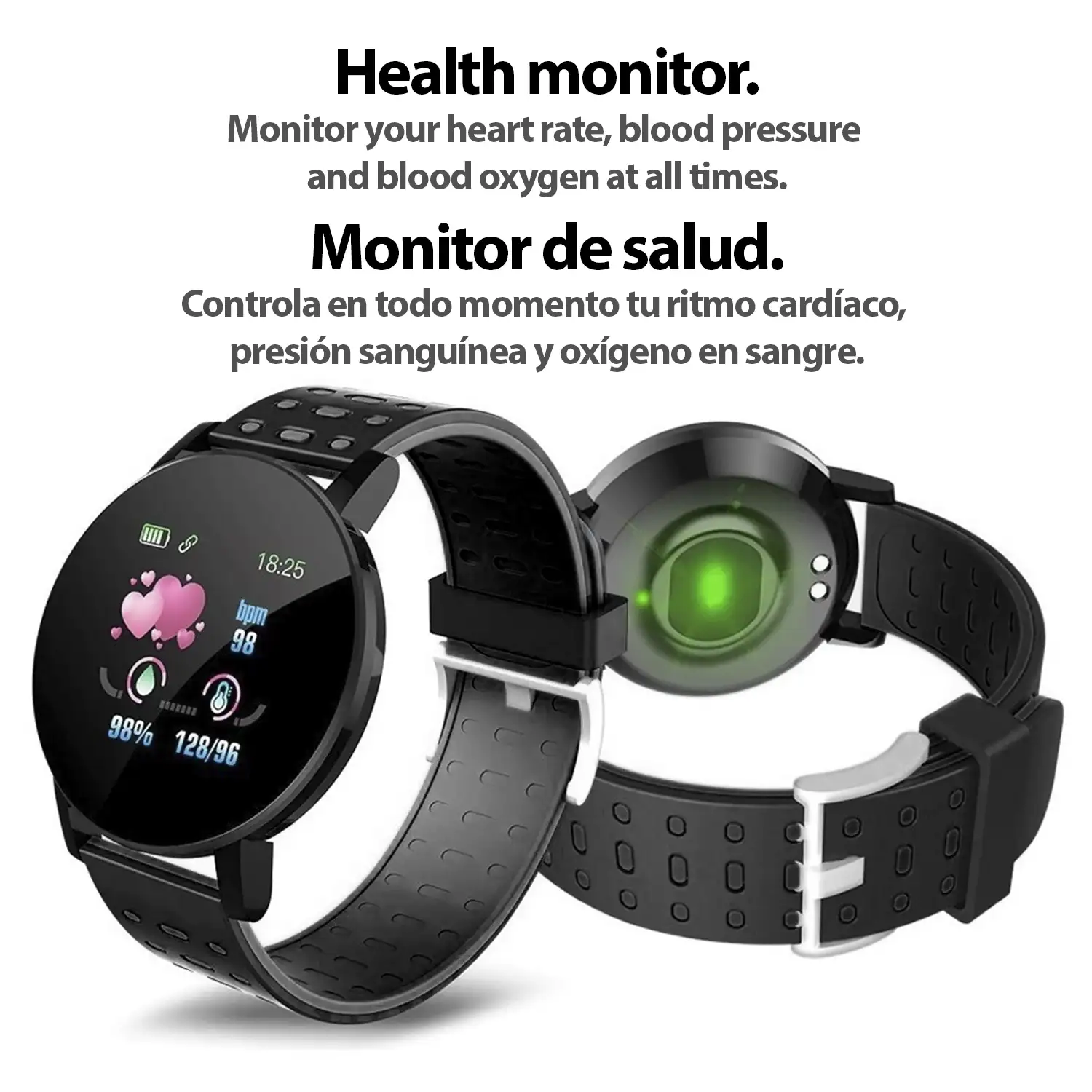 Brazalete inteligente ID119 con notificaciones, monitor cardíaco, O2 en sangre, pulso y modo multideporte