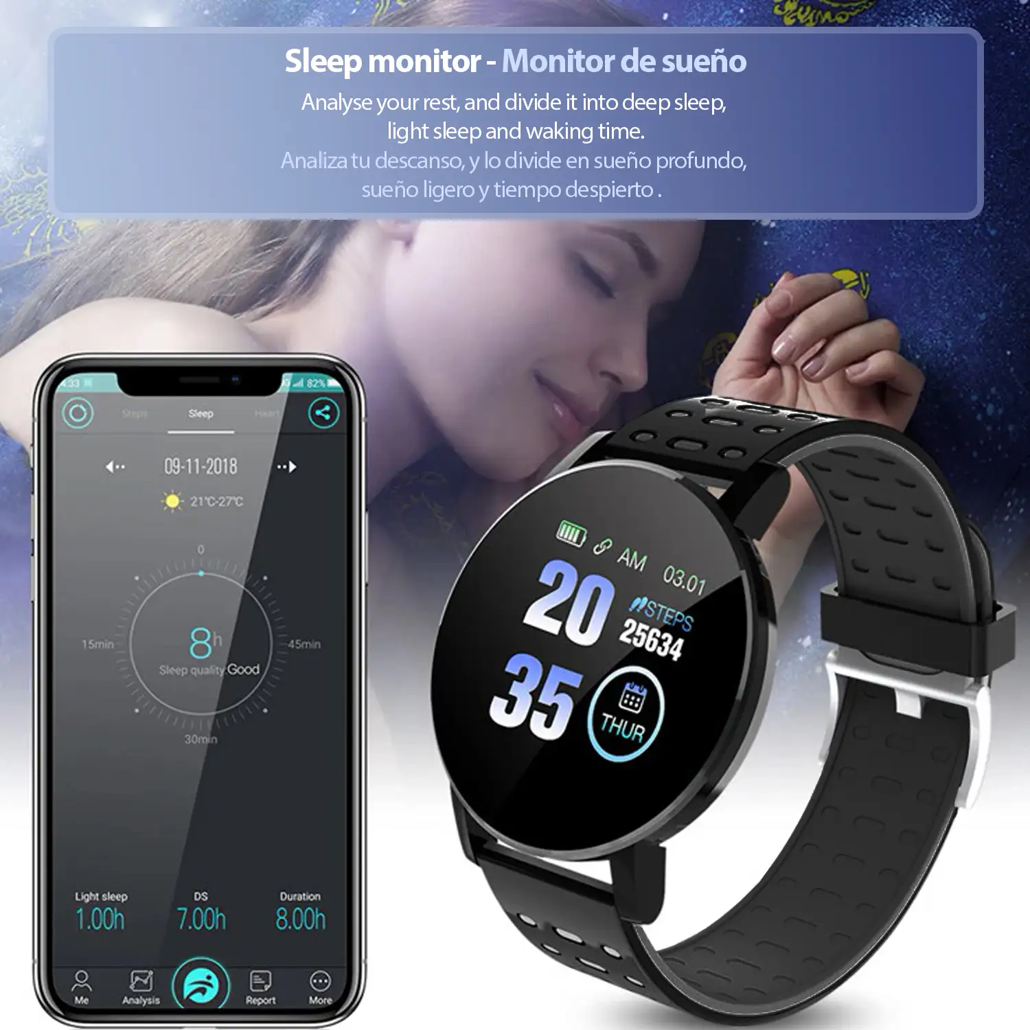 Brazalete inteligente ID119 con notificaciones, monitor cardíaco, O2 en sangre, pulso y modo multideporte