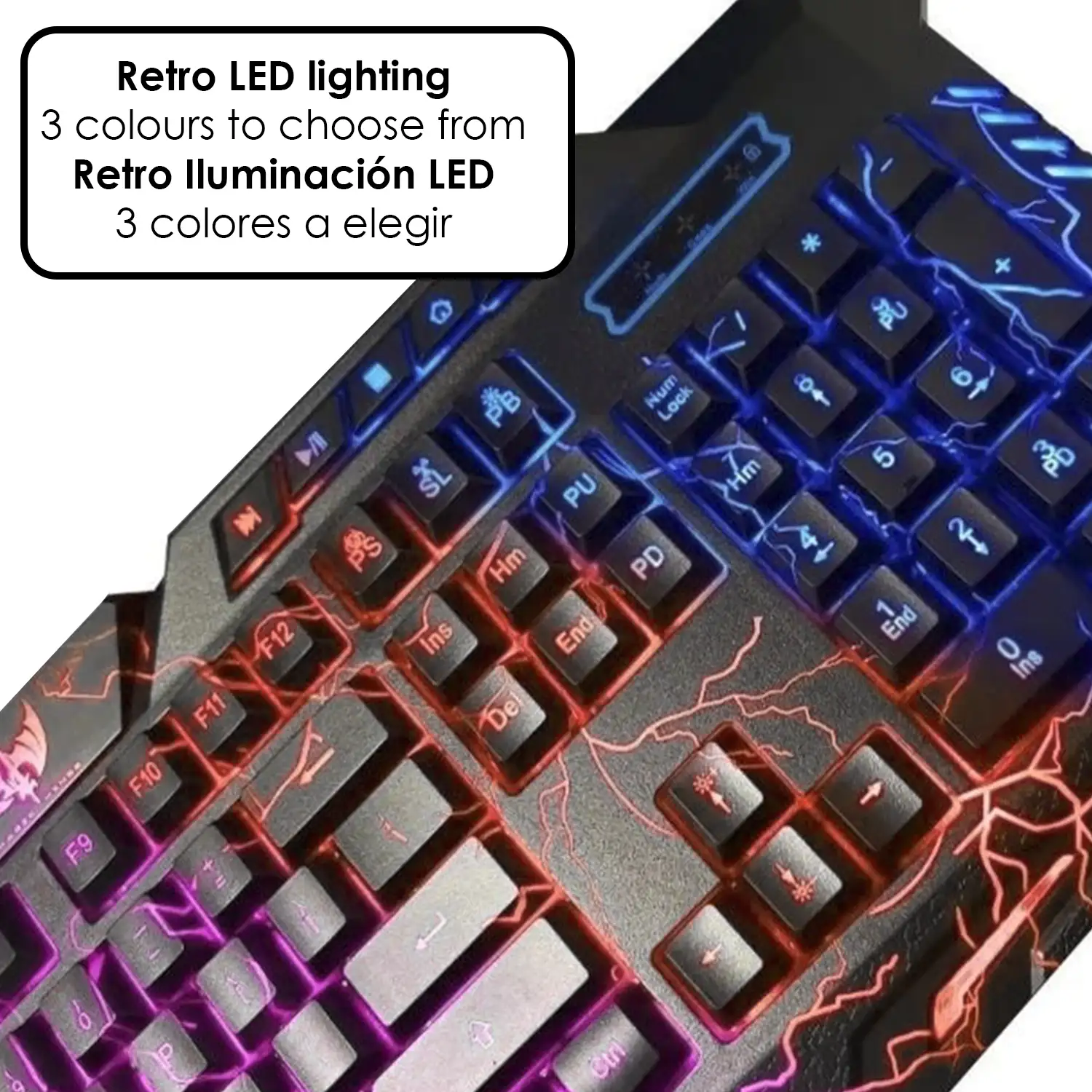 Teclado Gaming M200 con 3 colores de iluminación LED a elegir.