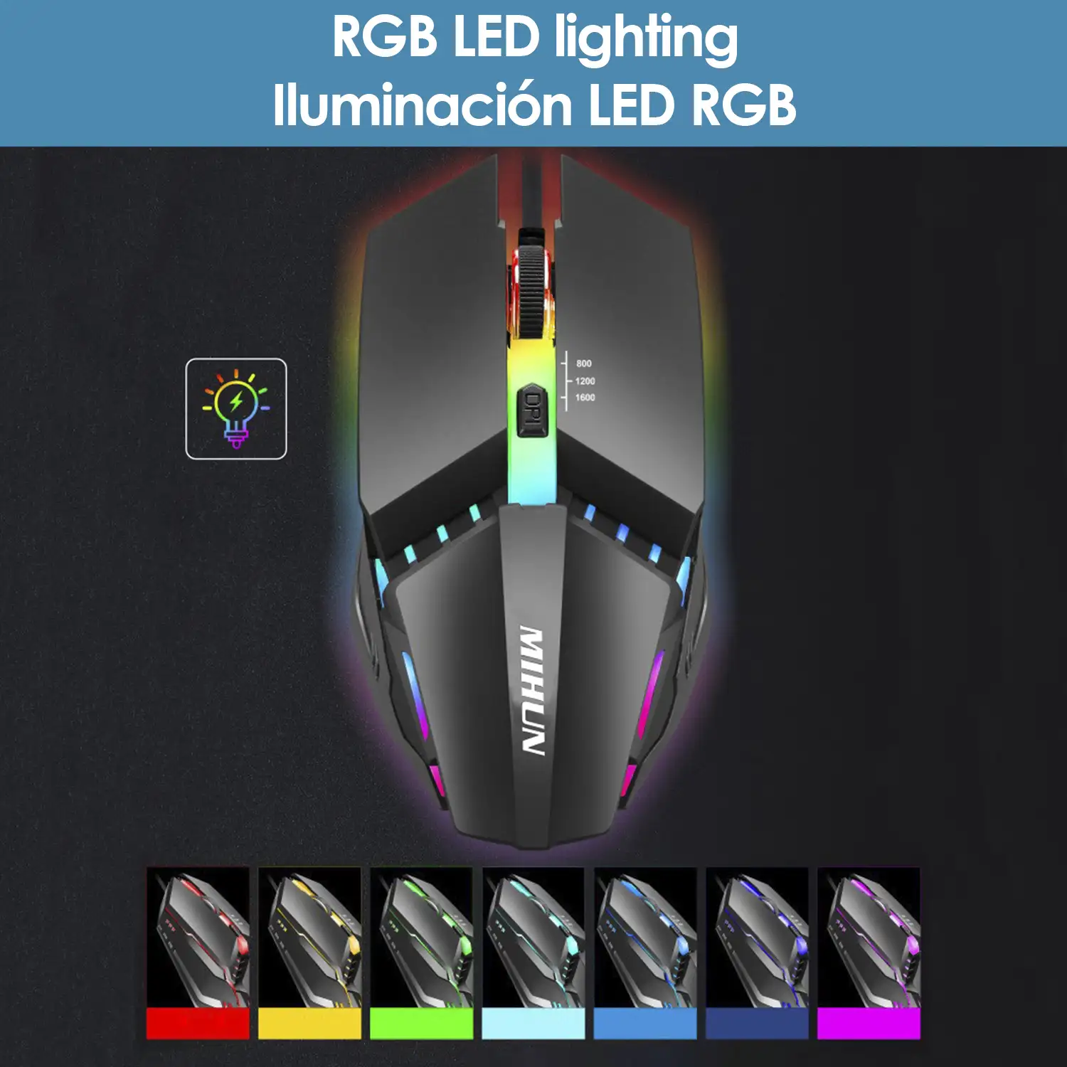 Ratón gaming G314 con luces LED RGB. 800, 1200 y 1600 dpi.