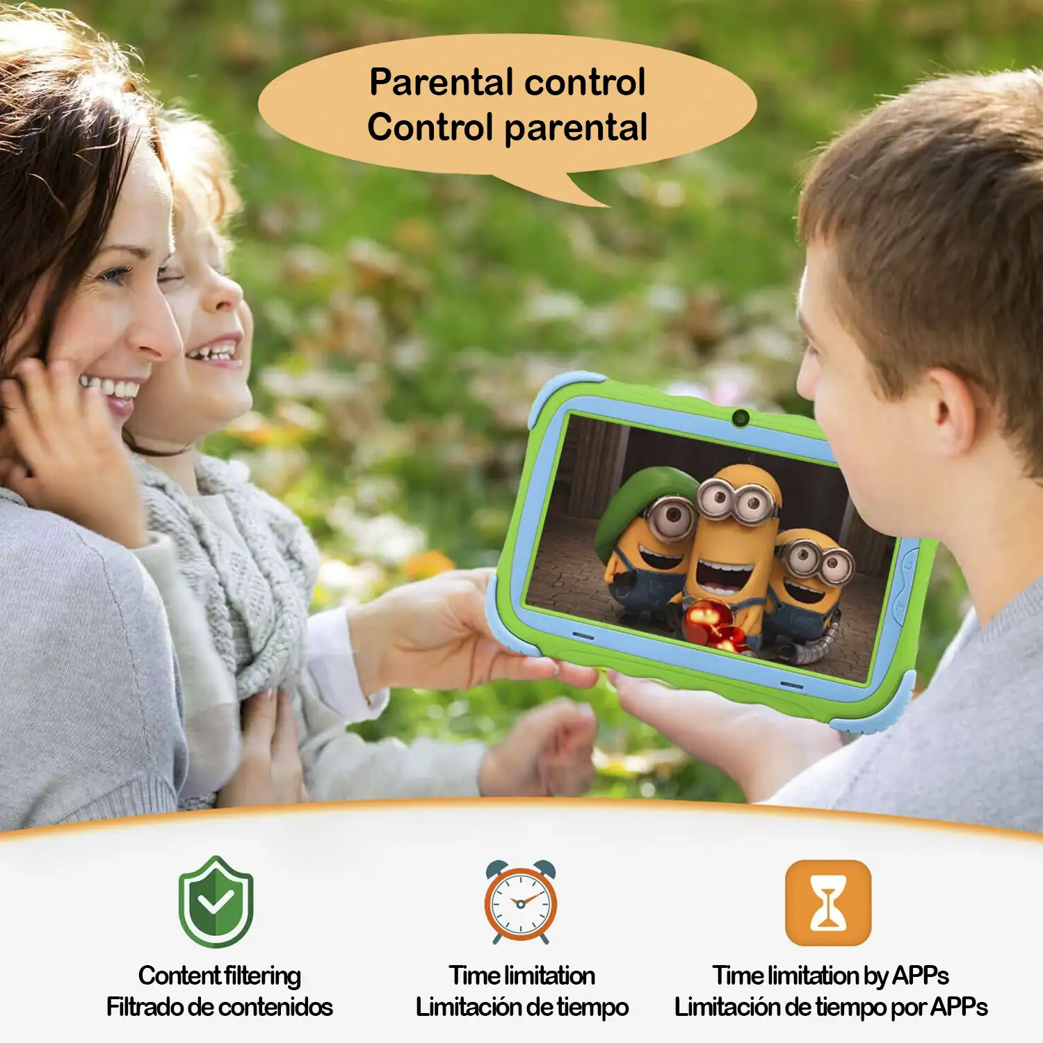 Tablet Infantil Y57, Quad Core Android 9.0, WiFi, con control parental y limitador de tiempo de uso, cámara doble y refuerzo antigolpes