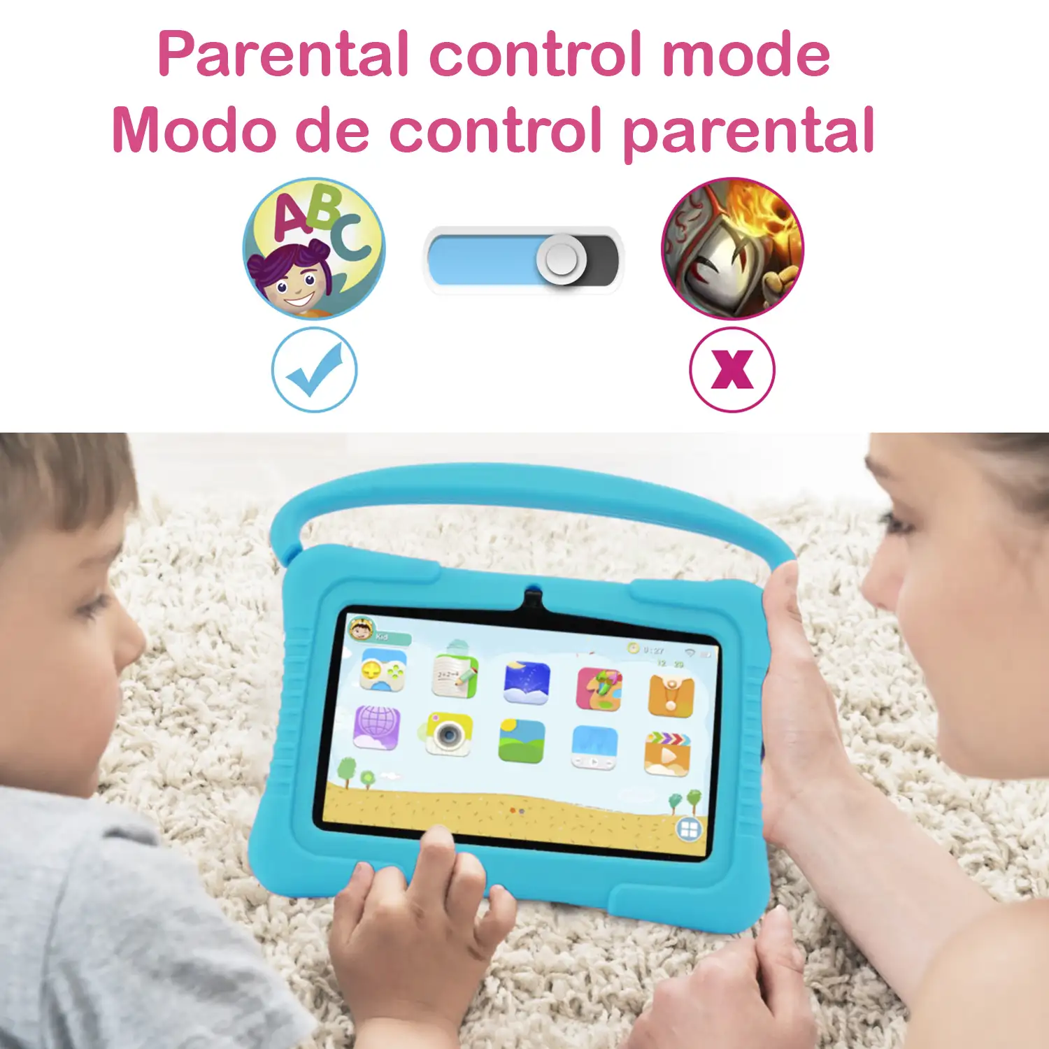 Tablet Infantil de 7 pulgadas Android Go 10 Quad Core, WiFi, con cámara y funda de silicona con asa y soporte. Control parental fácil.