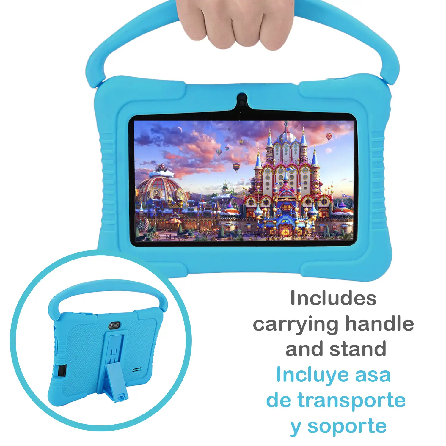 Tablet Infantil de 7 pulgadas Android Go 10 Quad Core, WiFi, con cámara y funda de silicona con asa y soporte. Control parental fácil.