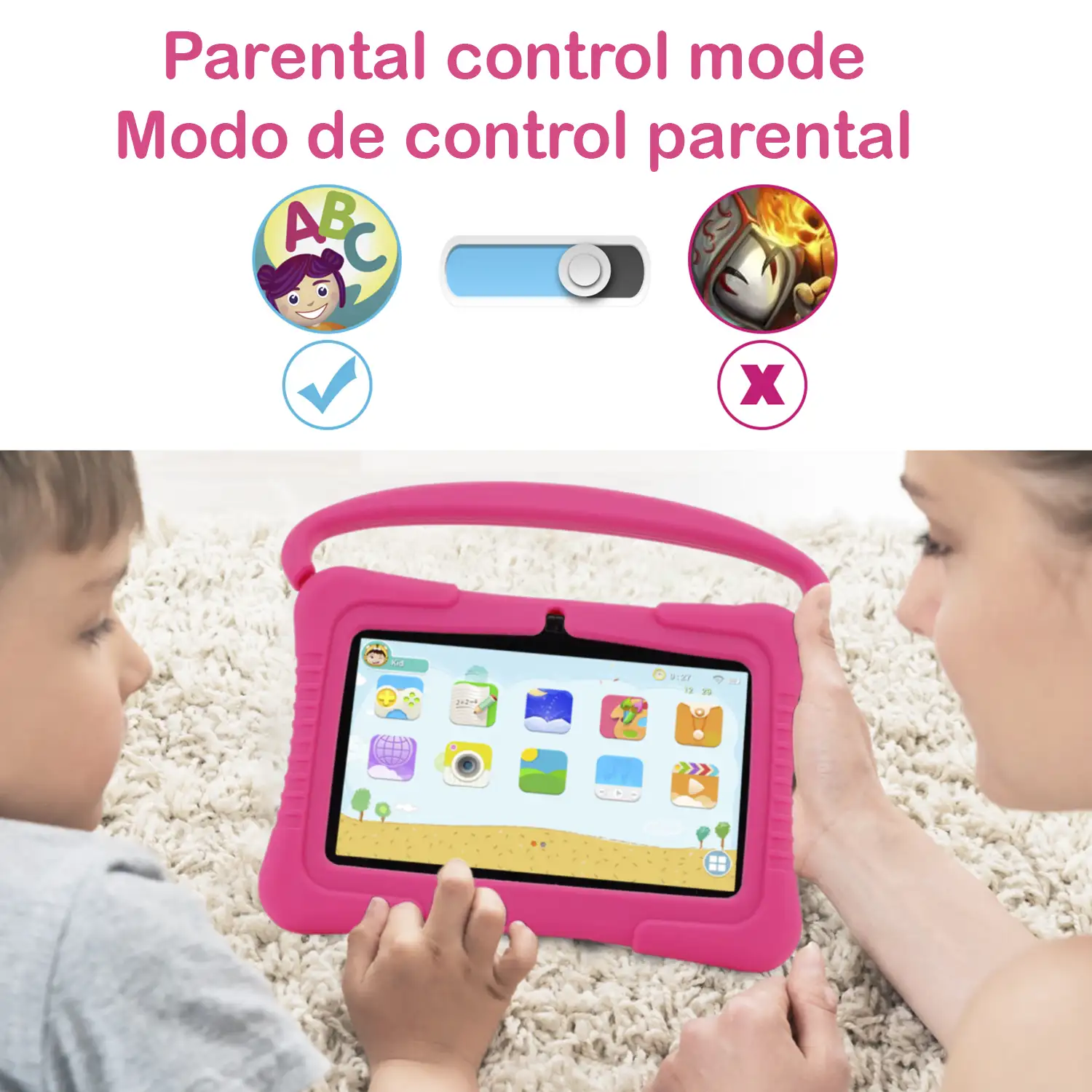 Tablet Infantil de 7 pulgadas Android Go 10 Quad Core, WiFi, con cámara y funda de silicona con asa y soporte. Control parental fácil.