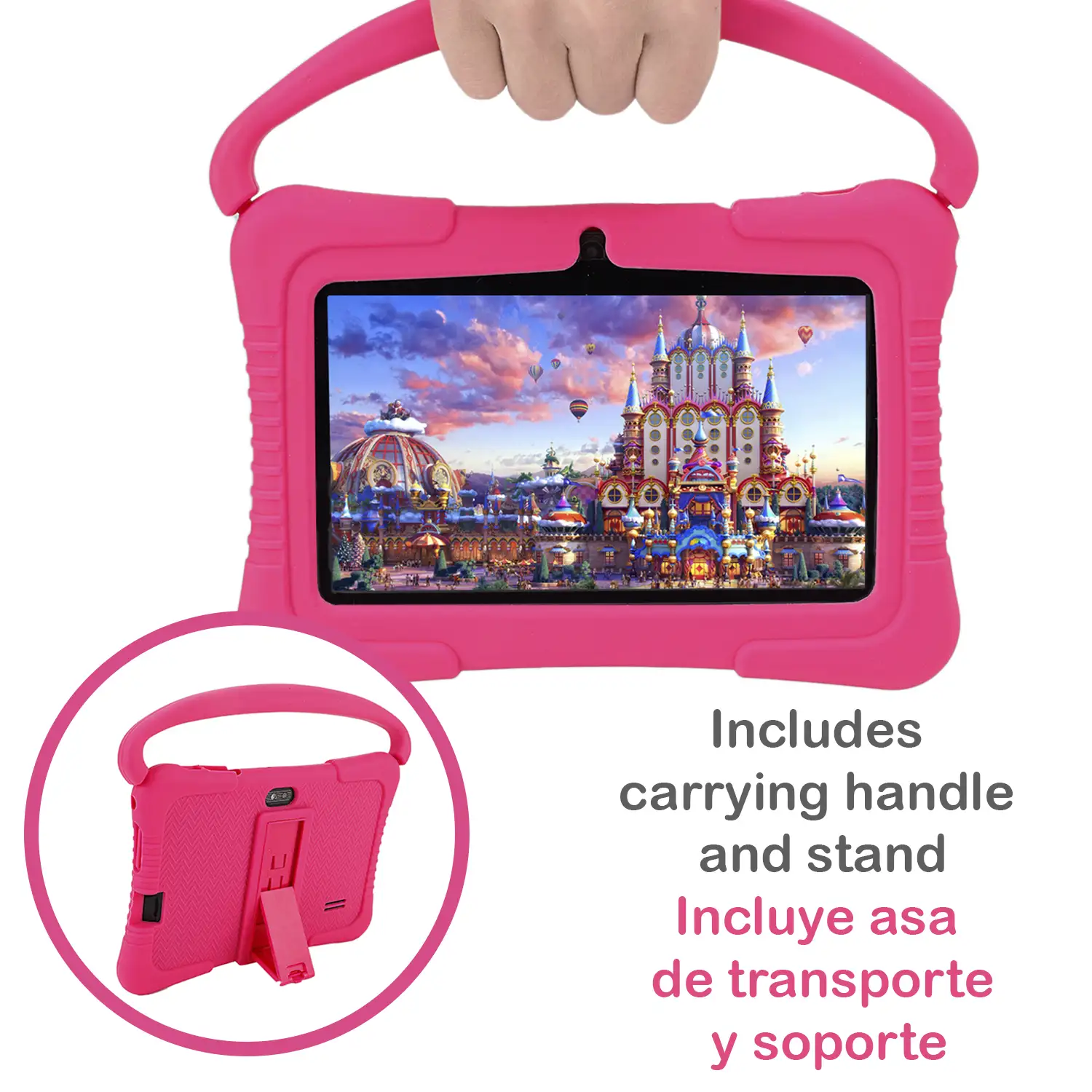 Tablet Infantil de 7 pulgadas Android Go 10 Quad Core, WiFi, con cámara y funda de silicona con asa y soporte. Control parental fácil.