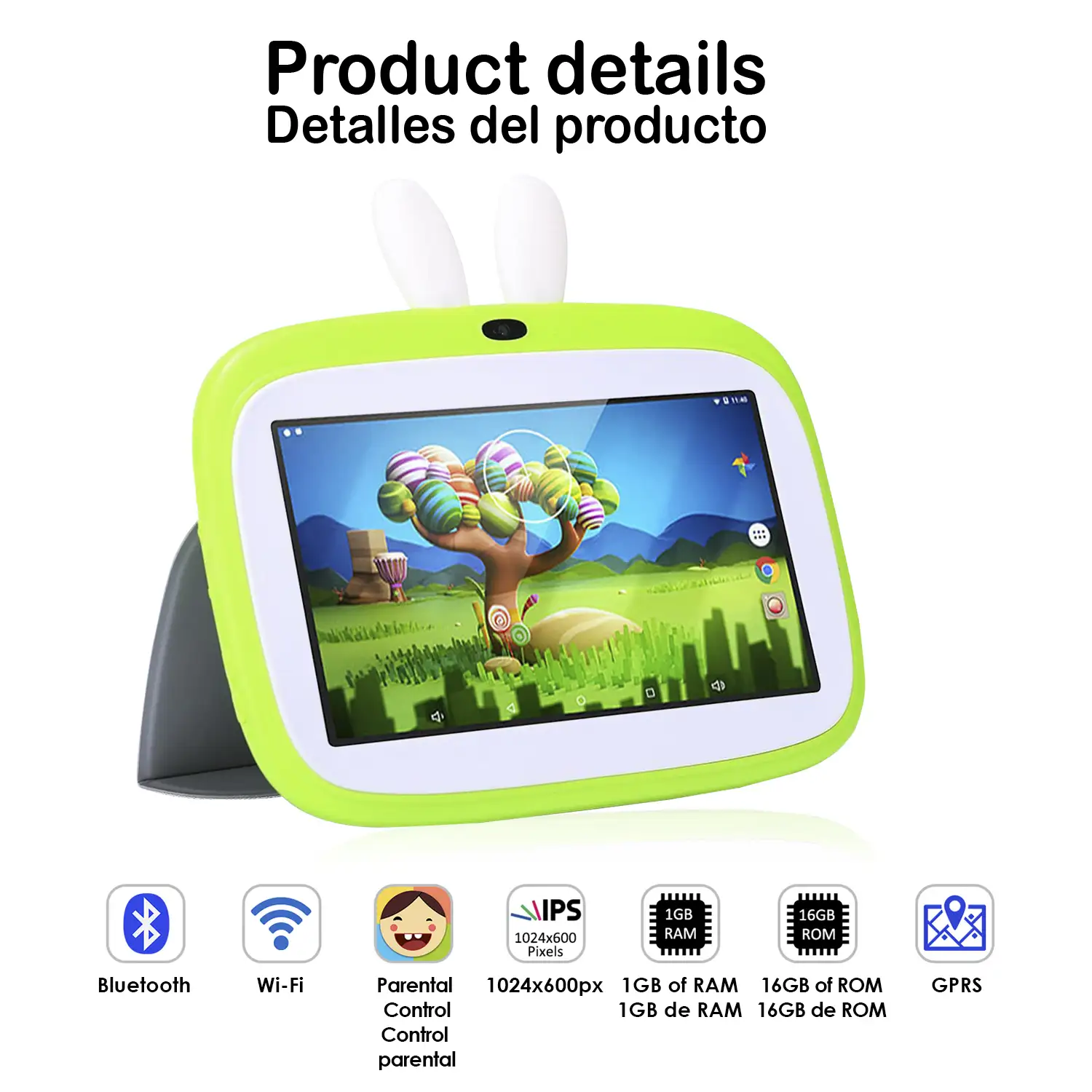 Tablet infantil Quad Core Android 9.0, WiFi, con control parental y limitador de tiempo de uso, cámara doble y solapa soporte