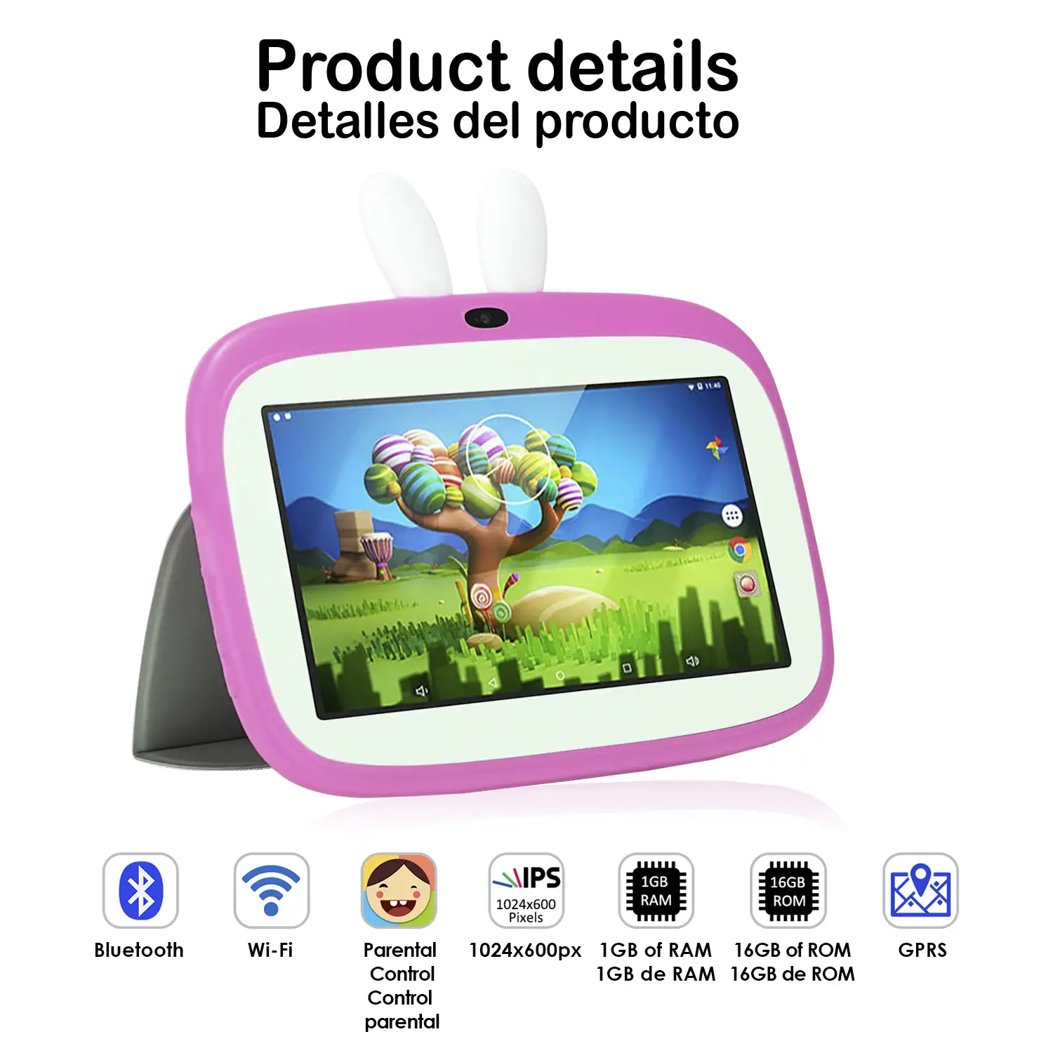 Tablet infantil Quad Core Android 9.0, WiFi, con control parental y limitador de tiempo de uso, cámara doble y solapa soporte