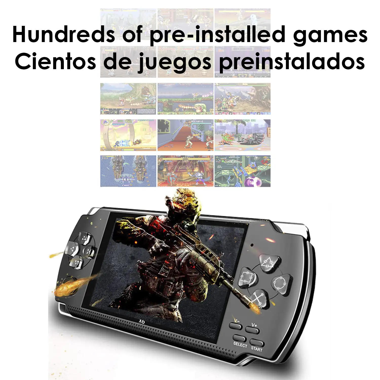 Consola de videojuegos X6 RS-01 con juegos clásicos preinstalados. Reproductor multimedia con cámara integrada.