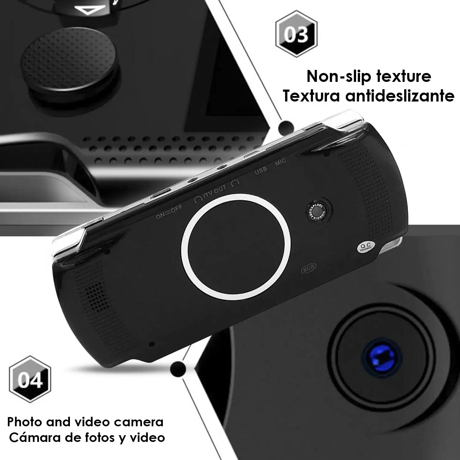 Consola de videojuegos X6 RS-01 con juegos clásicos preinstalados. Reproductor multimedia con cámara integrada.