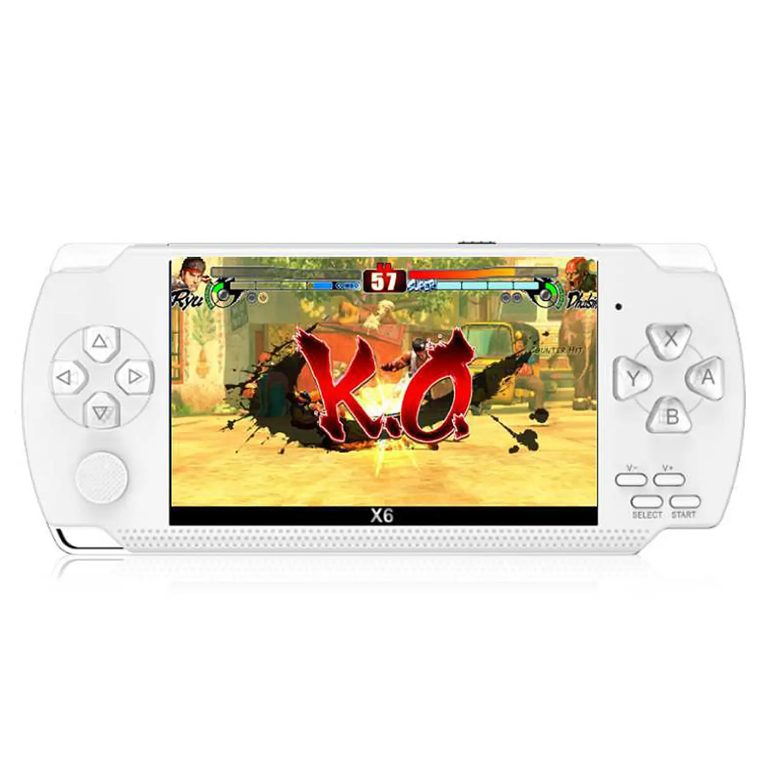 Consola de videojuegos X6 con juegos clásicos preinstalados. Reproductor multimedia con grabadora de sonido, cronómetro, calculadora y calendario.