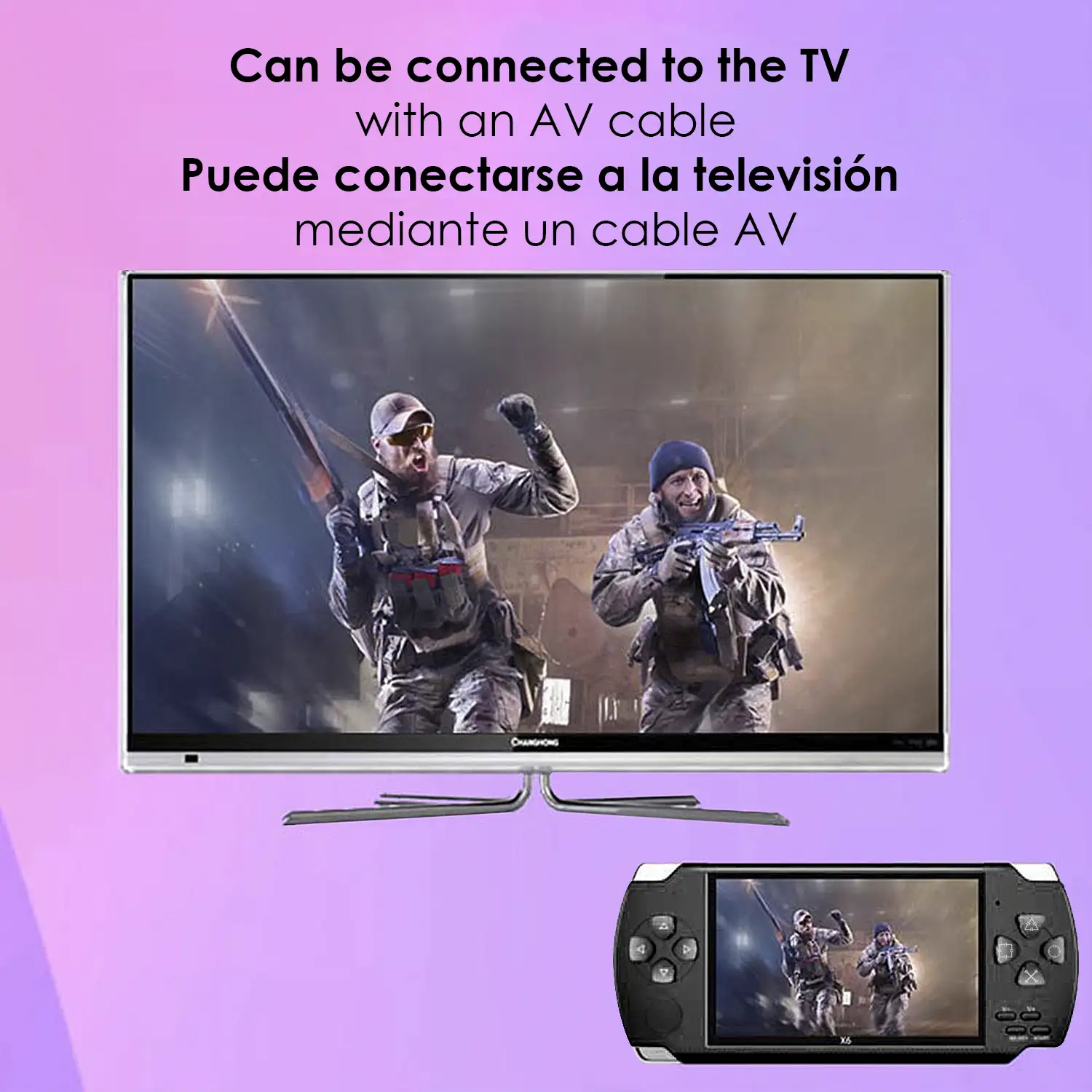 Consola de videojuegos X6 con juegos clásicos preinstalados. Reproductor multimedia con grabadora de sonido, cronómetro, calculadora y calendario.